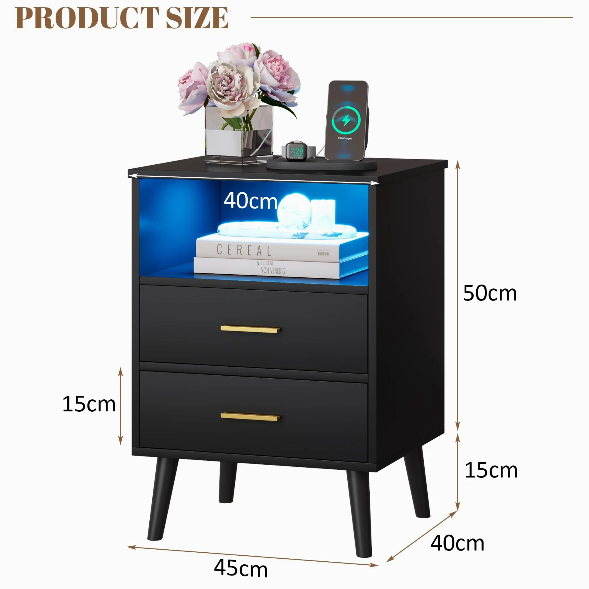 Vlsrka LED Comodino con Cassetto Nascosto, Comodino con Funzione di ricarica, Comodini moderni con 3 Cassetti, Comodini in Legno Camera da letto, Ricarica Wireless, Luci 3 colori, Nero