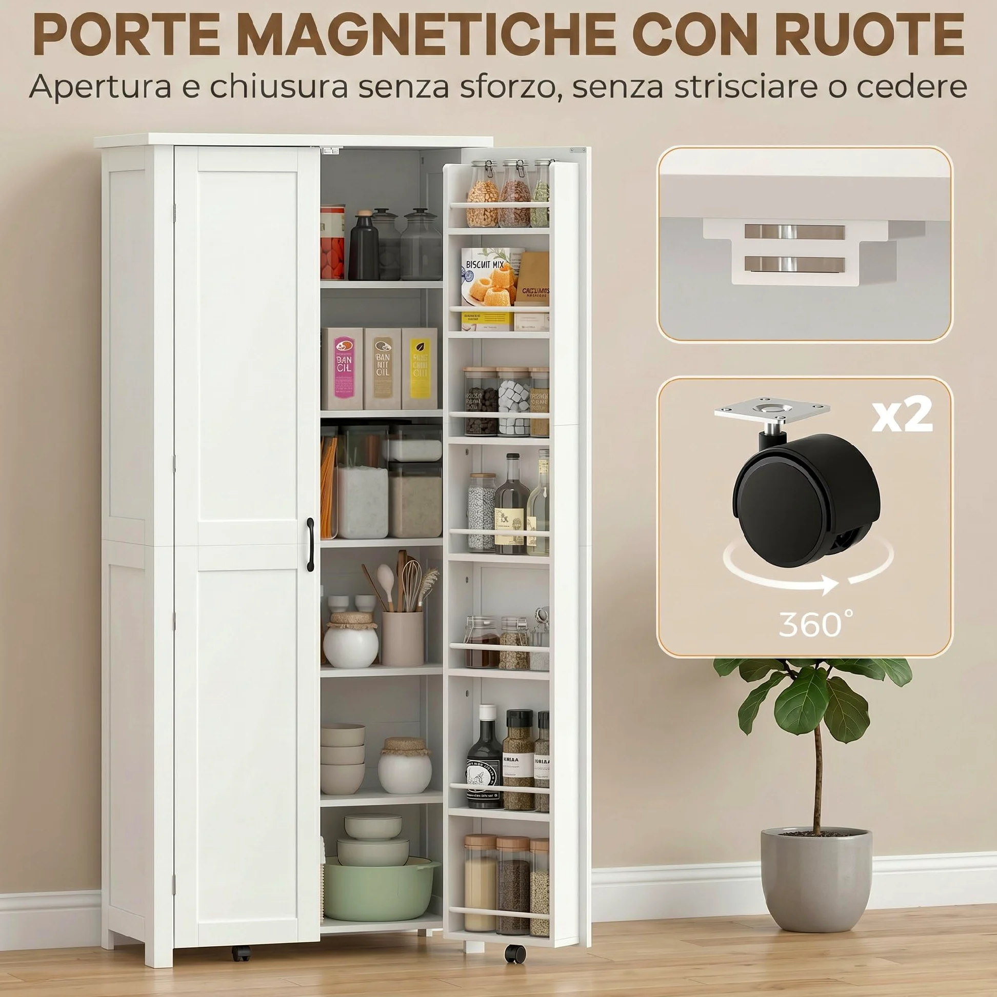 HOMCOM Credenza Cucina Alta 180cm, Mobile Dispensa con Ruote, Doppie Ante, 6 Ripiani, 14 Scomparti Portaspezie sulla Porta, Ripiani Regolabili, Mobile Cucina per Sala da Pranzo Soggiorno, Bianco