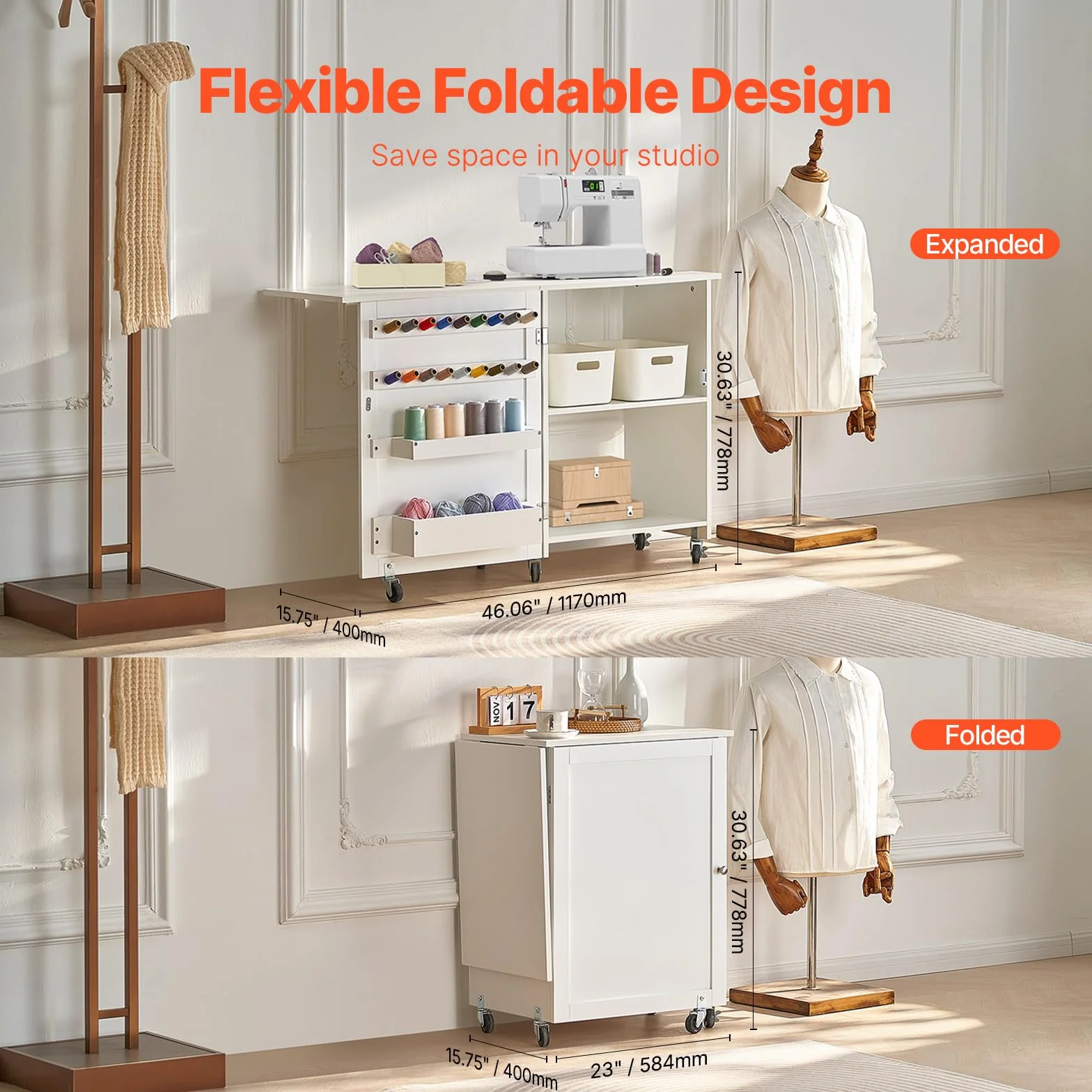 VEVOR Tavolo da Cucito Pieghevole, Tavolo Multiuso per Macchina da Cucire Compatto a Rotelle, Mobiletto da Cucito Ripiani Portaoggetti, Pioli in Legno Ante Magnetiche, Carico max. 40 kg, Bianco