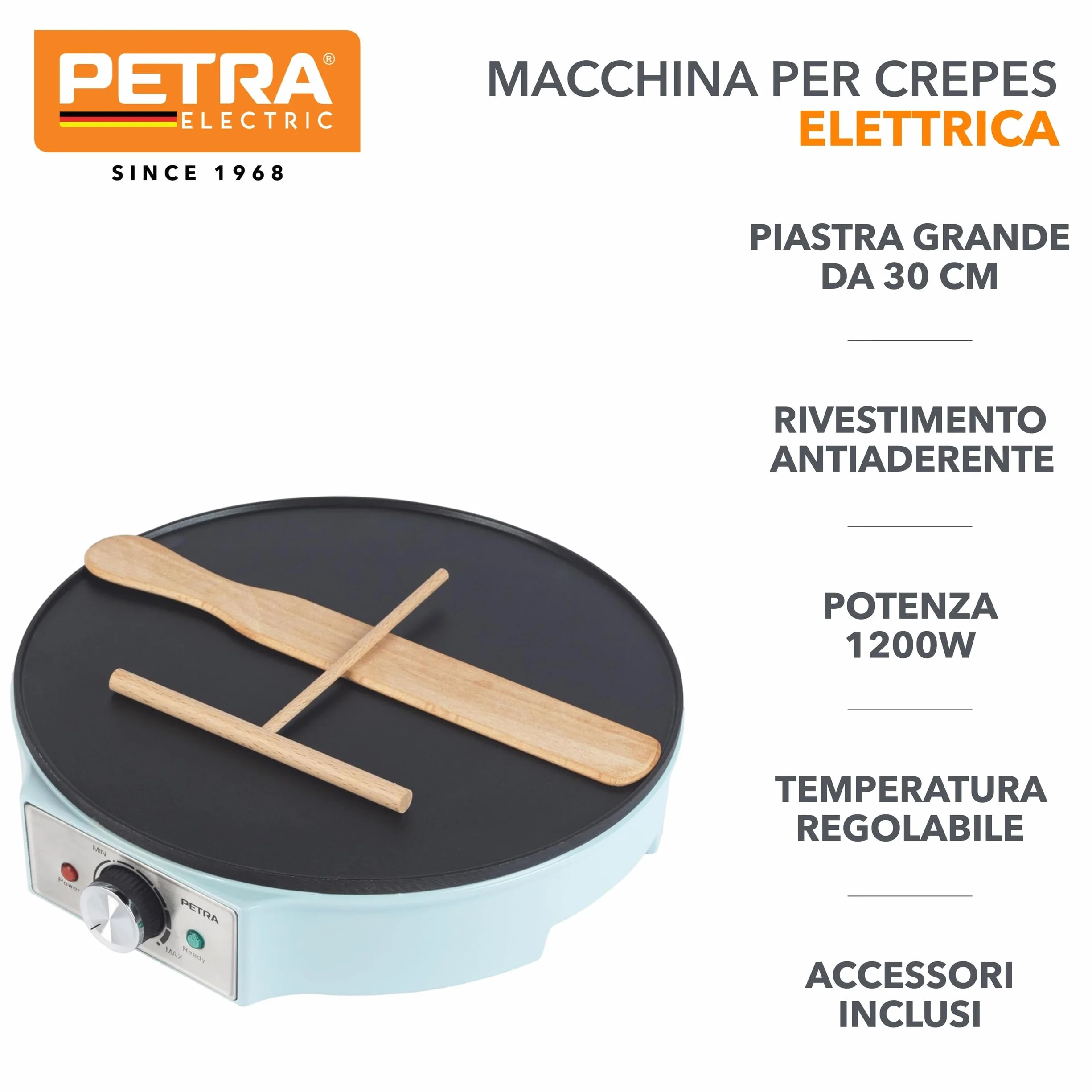 Petra PT6223BLVDE macchina per crepes piastra elettrica antiaderente 30 cm 1200W blu