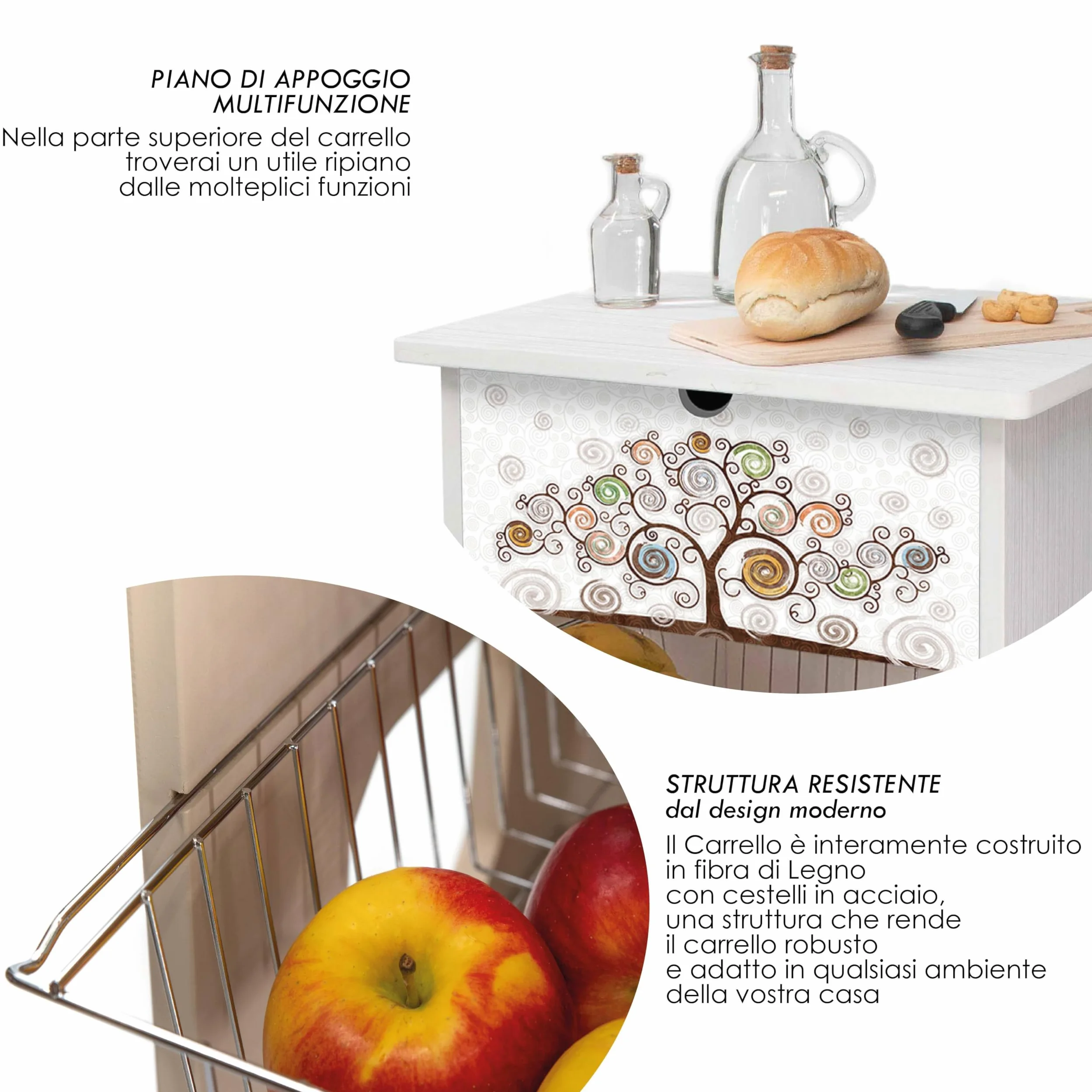Lupia - Carrello Cucina Multifunzione Bianco WHITE ALBERO ABBRACCIO, Portafrutta Ruote Piroettanti, Piano di Appoggio, tre Cestelli Estraibili in Acciaio, Legno 40X45H85 cm montato