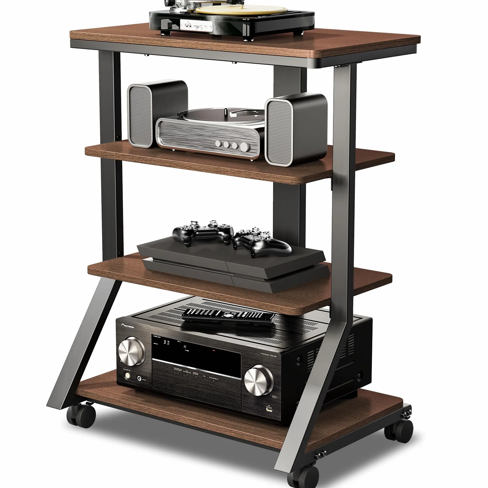 5Rcom Rack e supporti HiFi Audio Rack Armadio AV Mensola Movimento Stand 4 Ripiani in legno per Giradischi Lettore DVD Unità di intrattenimento Multifunzionale Altezza Regolabile Capacità di carico 54