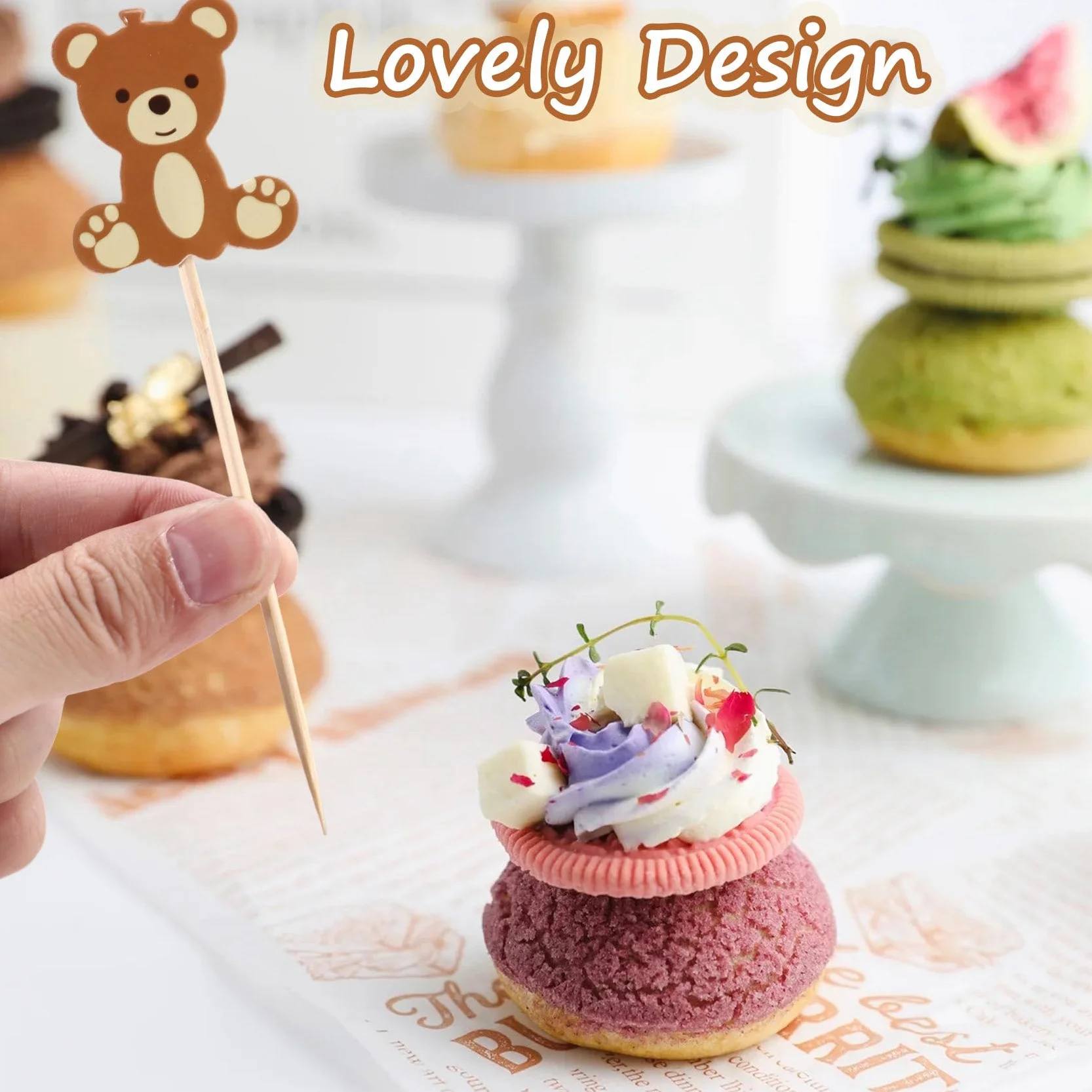 Orsetto Carino Plettri per Torta Dessert 100 Pezzi in Legno