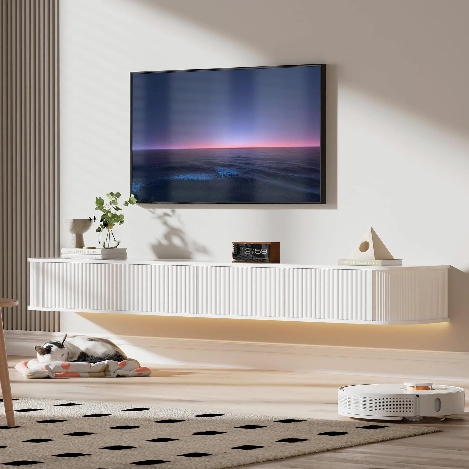 Mobile TV Sospeso con Luce LED – Mobile TV a Parete da 140CM con Archiviazione Migliorata & Bordi Arrotondati, Consolle Multimediale TV Moderna per TV da 65-75 Pollici