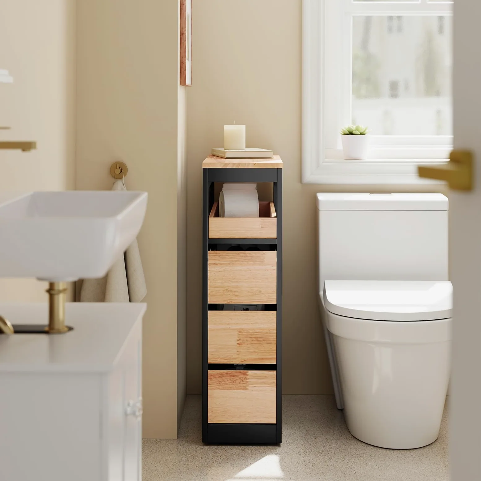 SoBuy Mobiletto Bagno Salvaspazio Cassettiera Bagno Stretto 3 Cassetti con Ruote per Angoli e Nicchie per Piccoli Spazi e Famiglie Nero 65x23x82cm BZR54-II-SCH