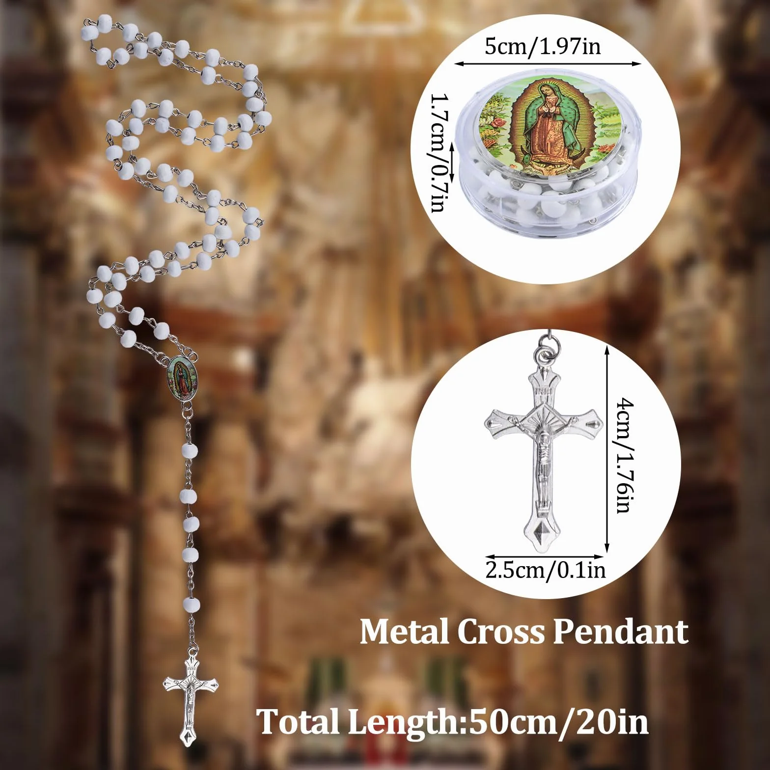 WANDIC Rosario in legno profumato bianco con ciondolo a forma di croce, rosario cattolico con scatola rotonda per bomboniere di battesimo e comunione, 24 pezzi