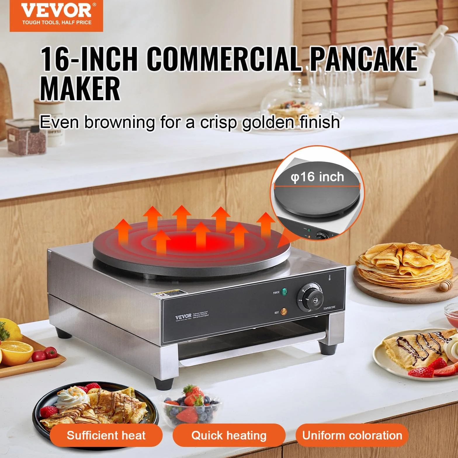 VEVOR Crepiera Elettrica Macchina per Crepes Commerciale 406 mm Piastra Piana 1700 W Acciaio Inox Antiaderente