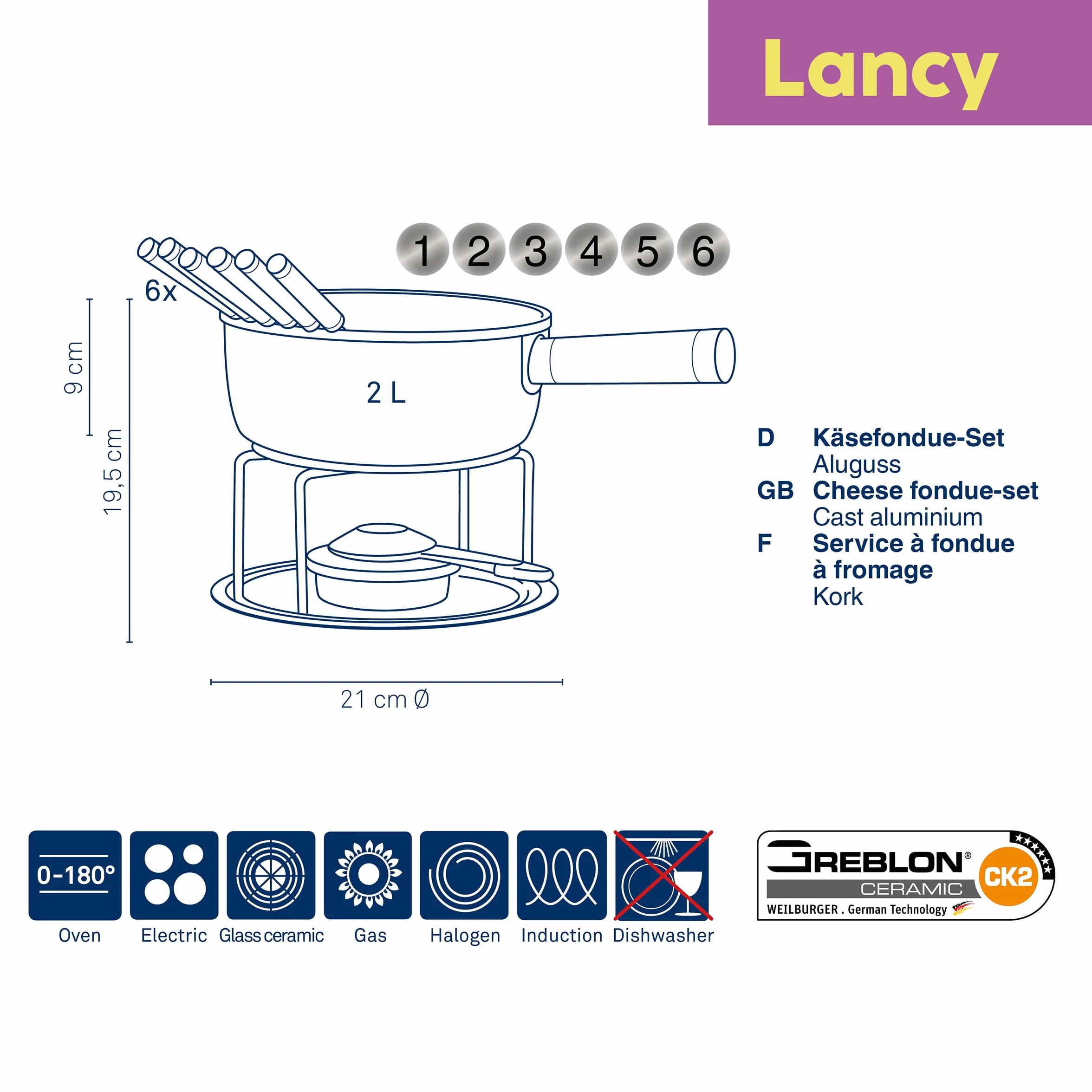 kela Set per fonduta di Formaggio 10 Pezzi, fonduta in Alluminio pressofuso per 6 Persone LANCY, Rivestimento in Ceramica, con Supporto per bruciatore, forchette per fonduta, portaforchette