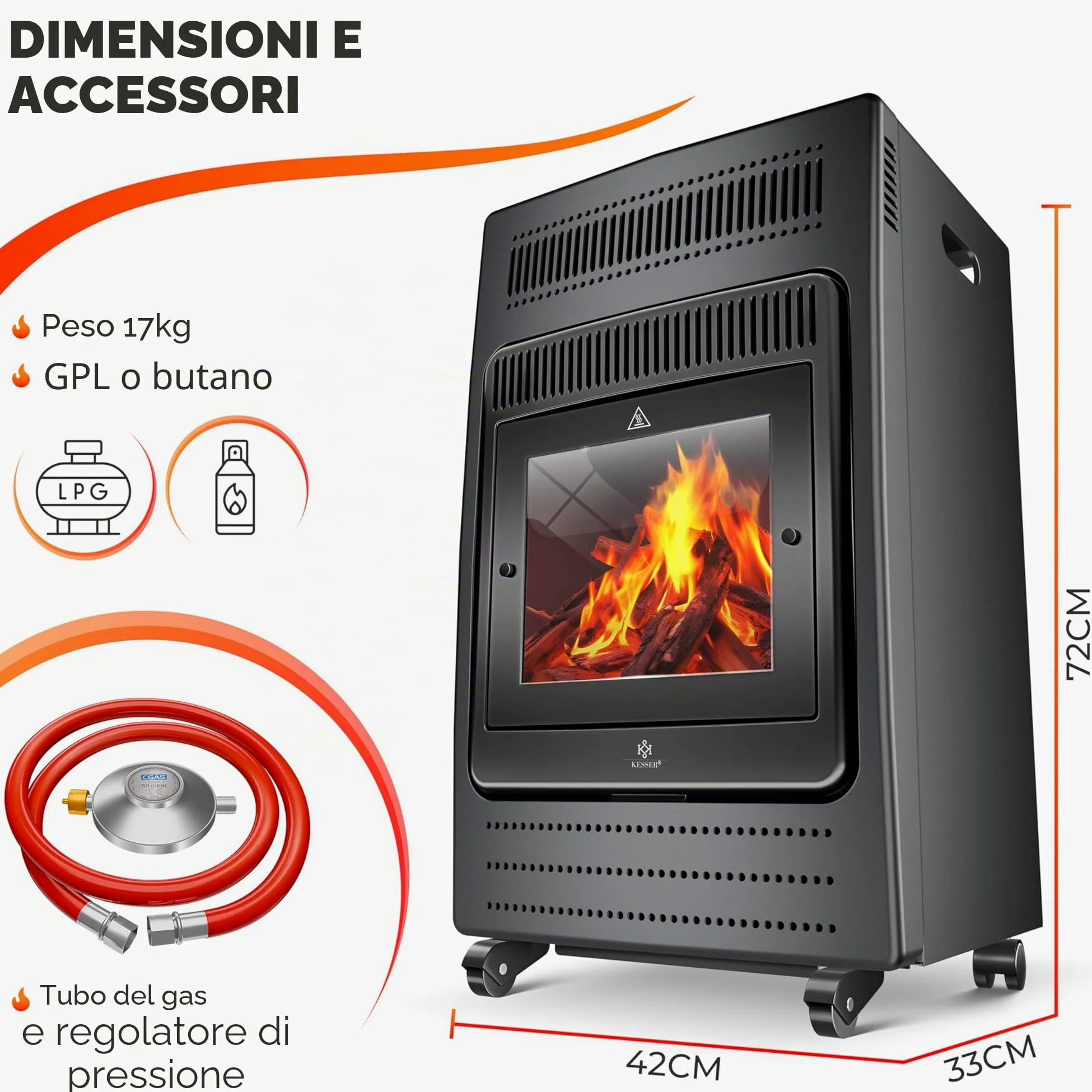 Kesser Stufa a 3,4 kW, con regolatore di pressione, tubo gas, 2 livelli di riscaldamento a infrarossi, 3400 W, riscaldamento fino a 11 kg bombole