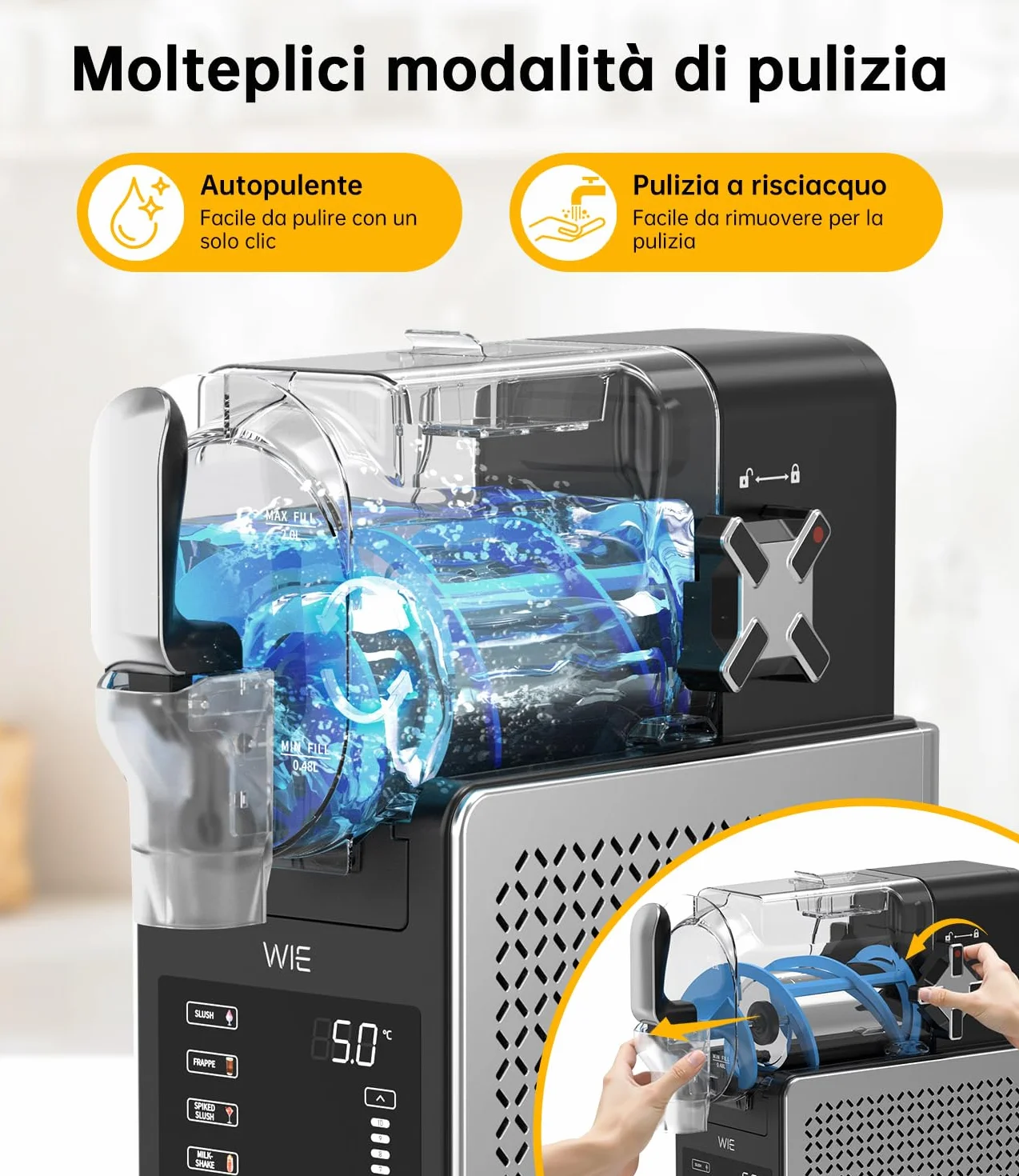 WIE Macchina per Granite 2.6L Autopulizia, 6 Modalità, Schermo Touch LED, per Margarita/Cocktail/Milkshake/Frappé
