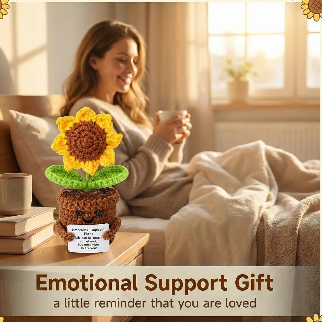Positive Girasole Idea Regalo Compleanno- Creative Knitted Positive Girasole Doll- Gadget Scrivania Carino Portafortuna, Regali Originali per Laurea Collega Sorella Amica Ufficio