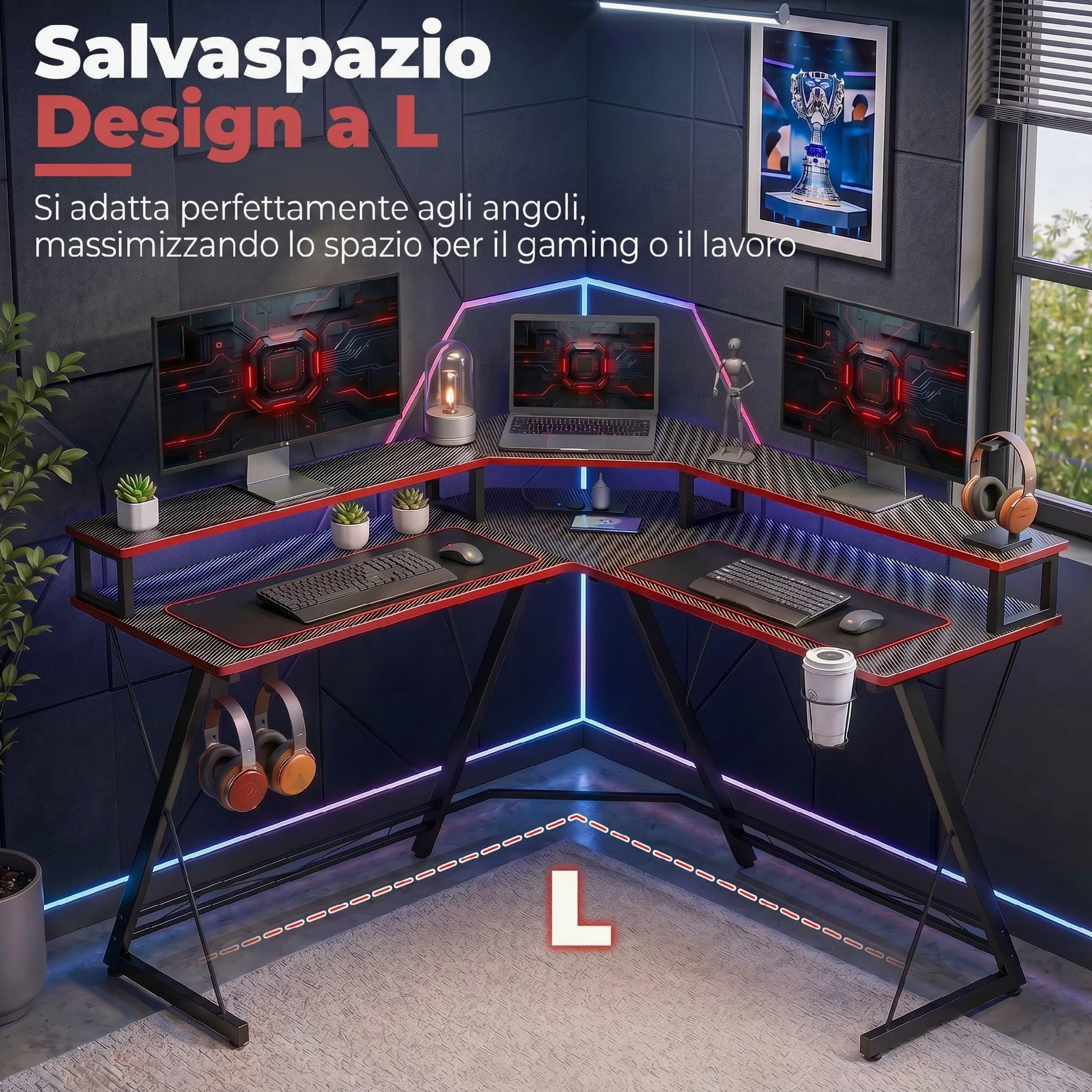 HOMCOM Scrivania Gaming Angolare Tavolo ad L 128x128cm Nero Carbonio | Stazione di Ricarica, Supporto per PC, Gancio per Cuffie, Portabicchieri, Computer Ufficio Studio