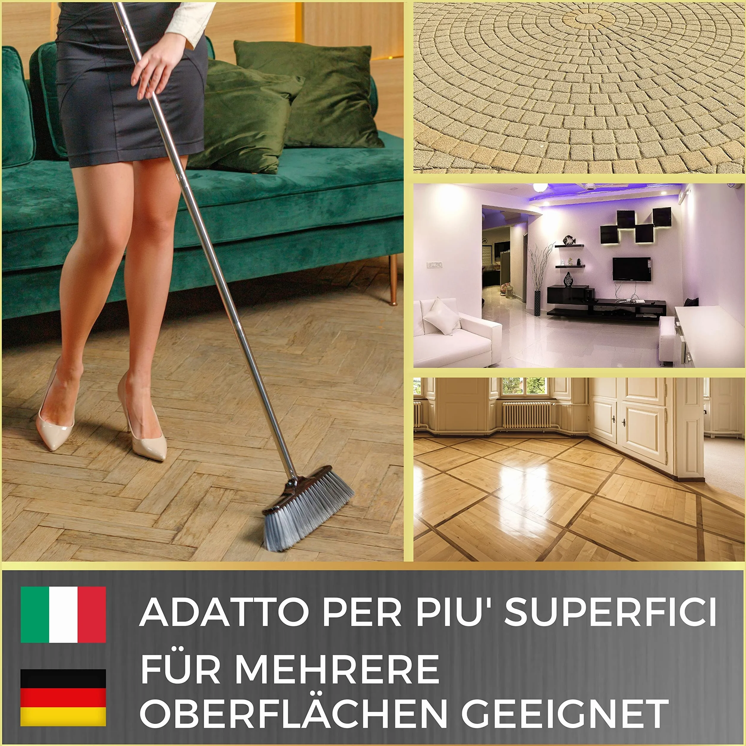 Kit Scopa in Silicone per Pavimenti con 2 Manici e 2 Appendi Scope