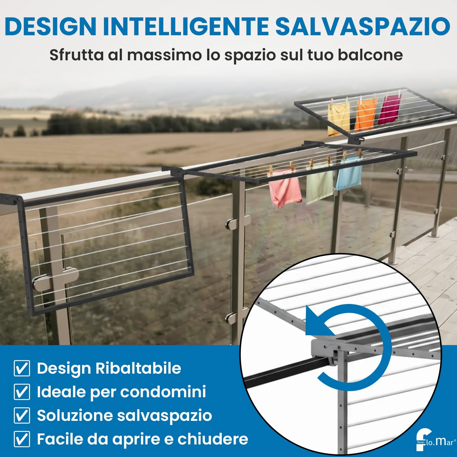 Flo.mar Stendino da Balcone e Parete 150x70 cm - Kit Montaggio Incluso - Stendibiancheria da Esterno Ribaltabile e Salvaspazio in Alluminio - 8 Cavi in Nylon - Stendipanni a Scomparsa (Flip)