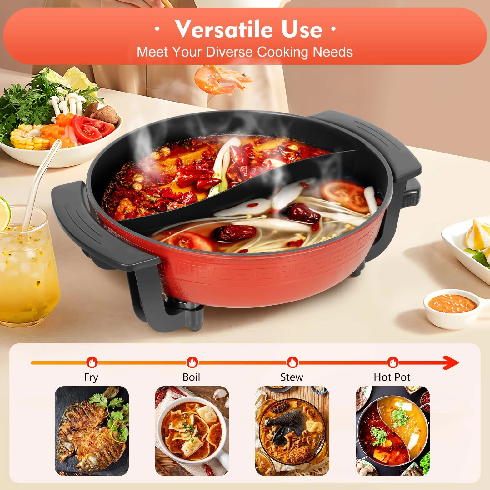 Yin e Yang Fonduta Cinese Hot Pot Elettrico 6L 1360W Divisore Wok Rosso