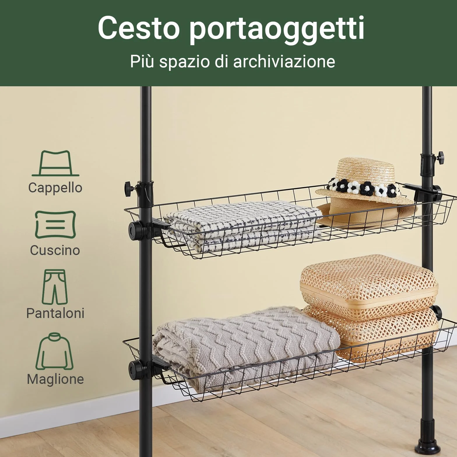 SoBuy Telescopic Appendiabiti da Terra, Robusto Stand Appendiabiti con Aste e Ripiani, Armadio Aperto Regolabile per Camera da Letto, Porta Abiti Nero KLS04-II-SCH