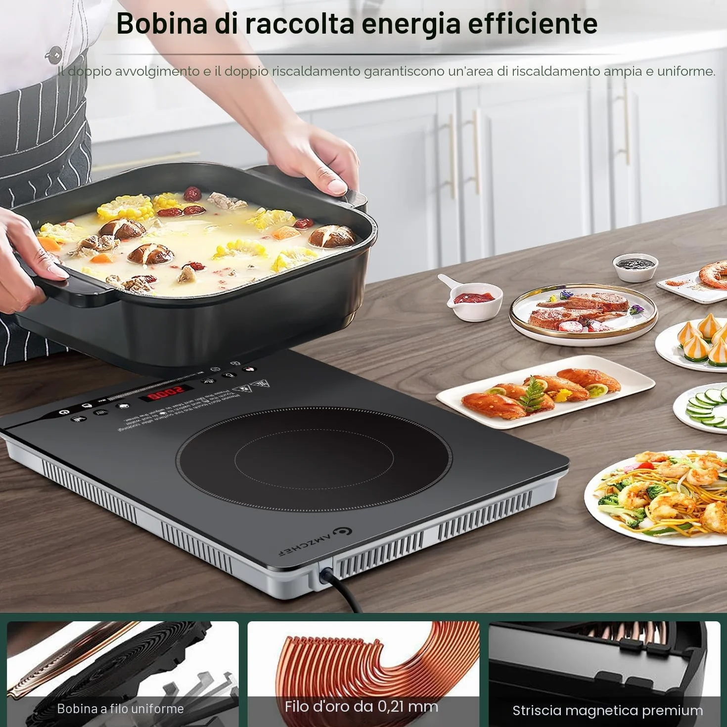 AMZCHEF 2000W Piastra Induzione 1 Fuoco, Piano Cottura Induzione Portatile, 4cm Design Sottile, Funzionamento Silenzioso (≤42dB), 9 Livelli di Potenza e Temperatura, 4 Programmi Automatici, Grigio