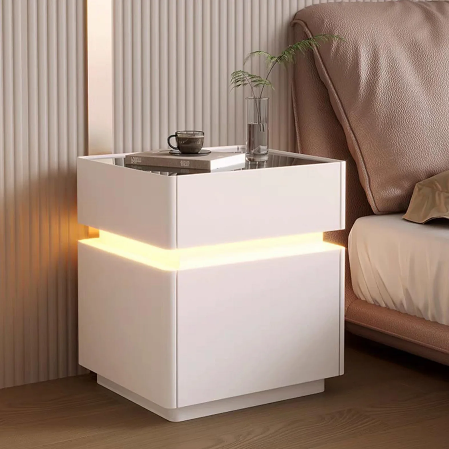 Comodino moderno, intelligente in legno , comodino con scomparto segreto Design Moderno Minimal Striscia Con sblocco tramite impronta digitale LED in legno per Camera da Letto, Soggiorno(White-A)