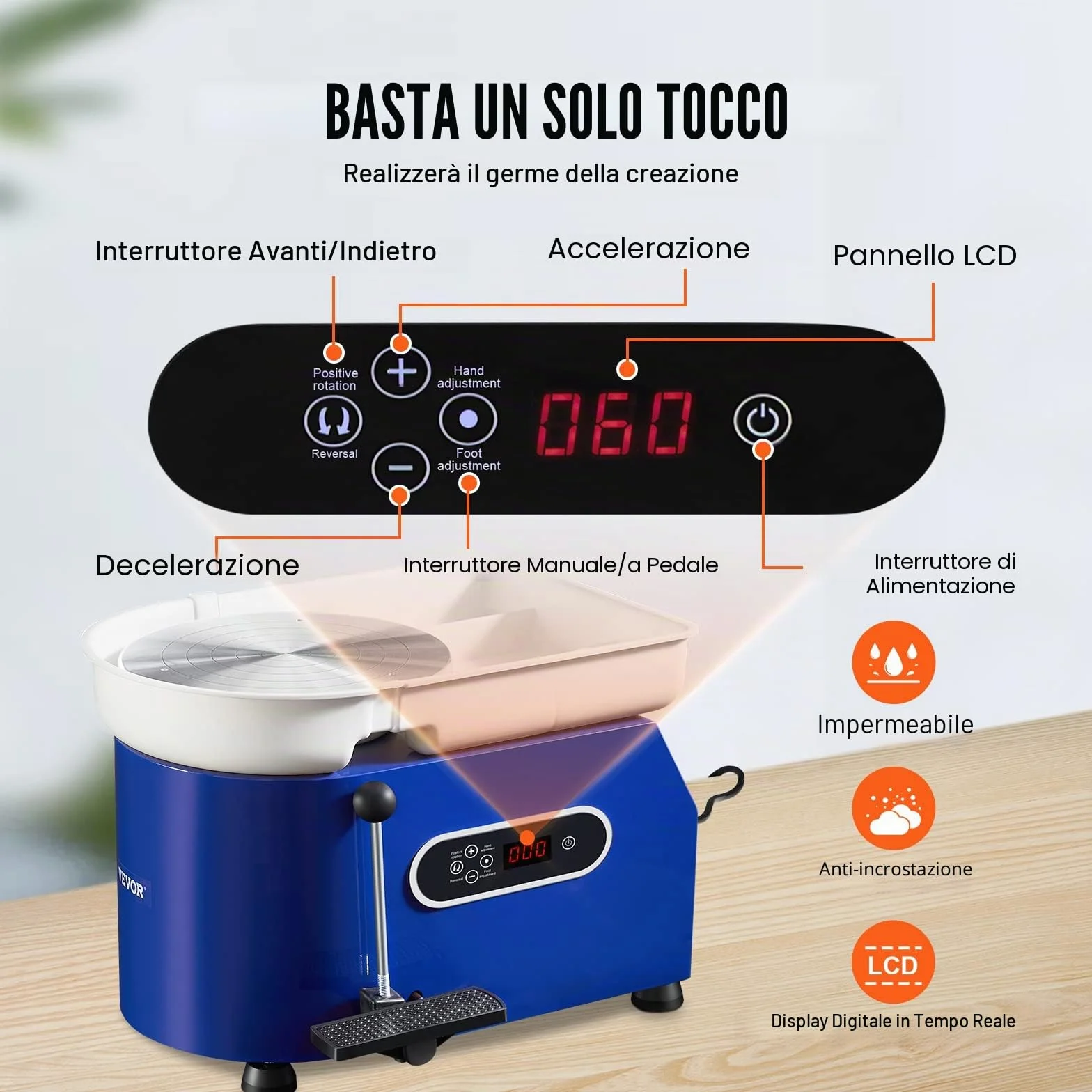 VEVOR Tornio per Ceramica Argilla 450W 28 cm 60-300 giri/min con Pedale Controllo LCD