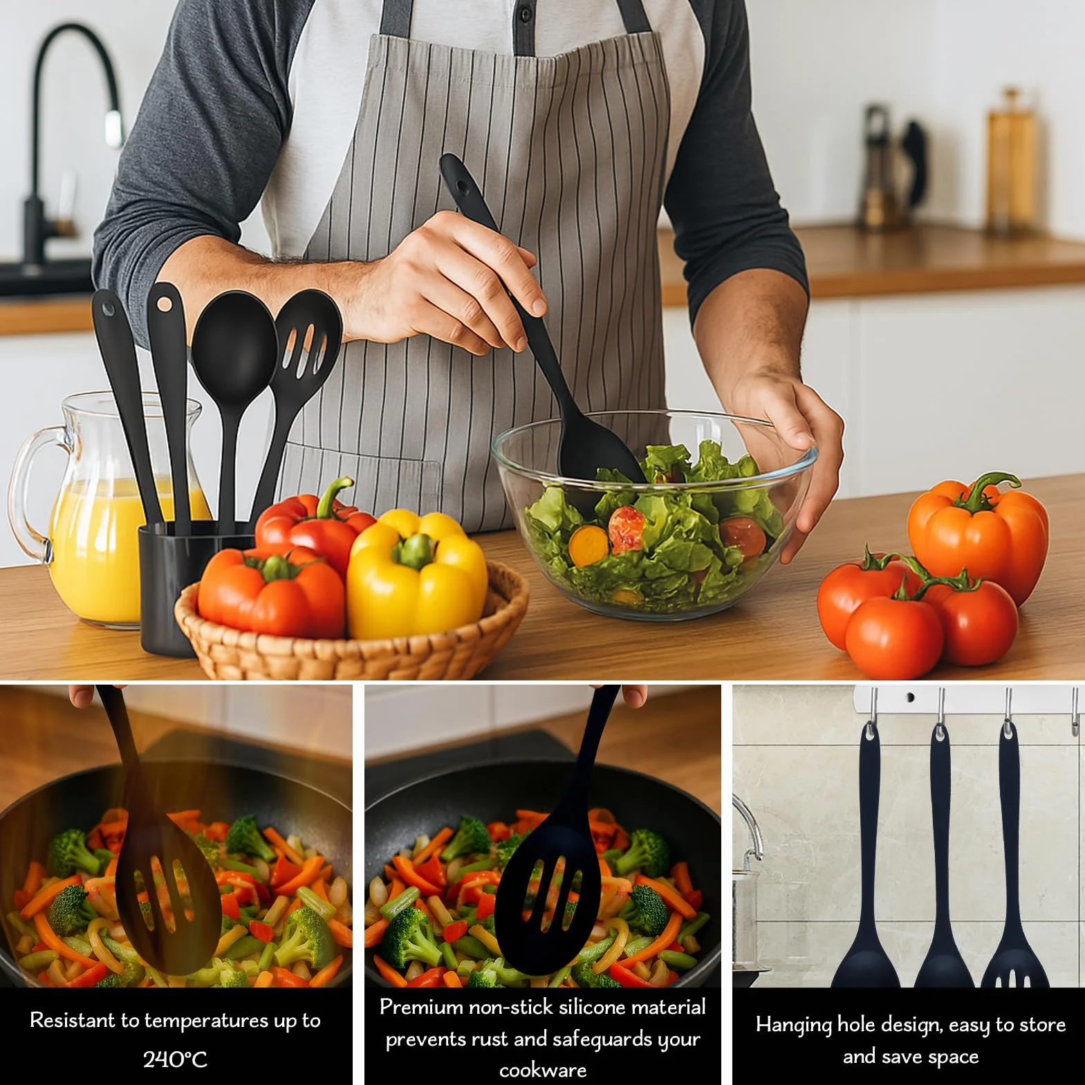 Set di Utensili da Cucina in Silicone 4 Pezzi Cucchiaio da Cucina Antiaderente Mestolo 27,5 cm