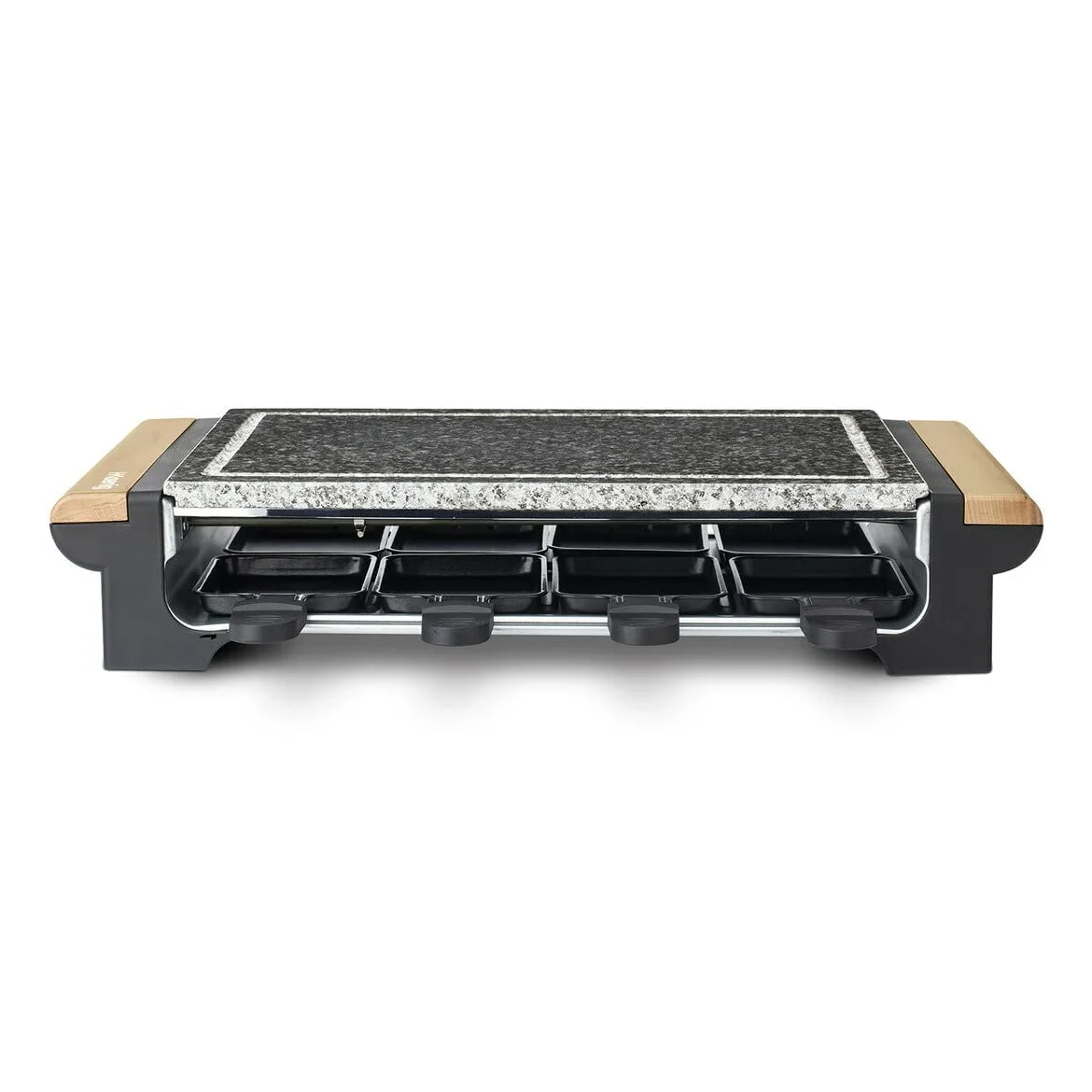 H.Koenig Pietra di cottura 2 in 1 con apparecchio per raclette da 8 persone RP328 design in legno, griglia multifunzione in granito,pietra rimovibile, Accessori: 8 teglie antiaderenti