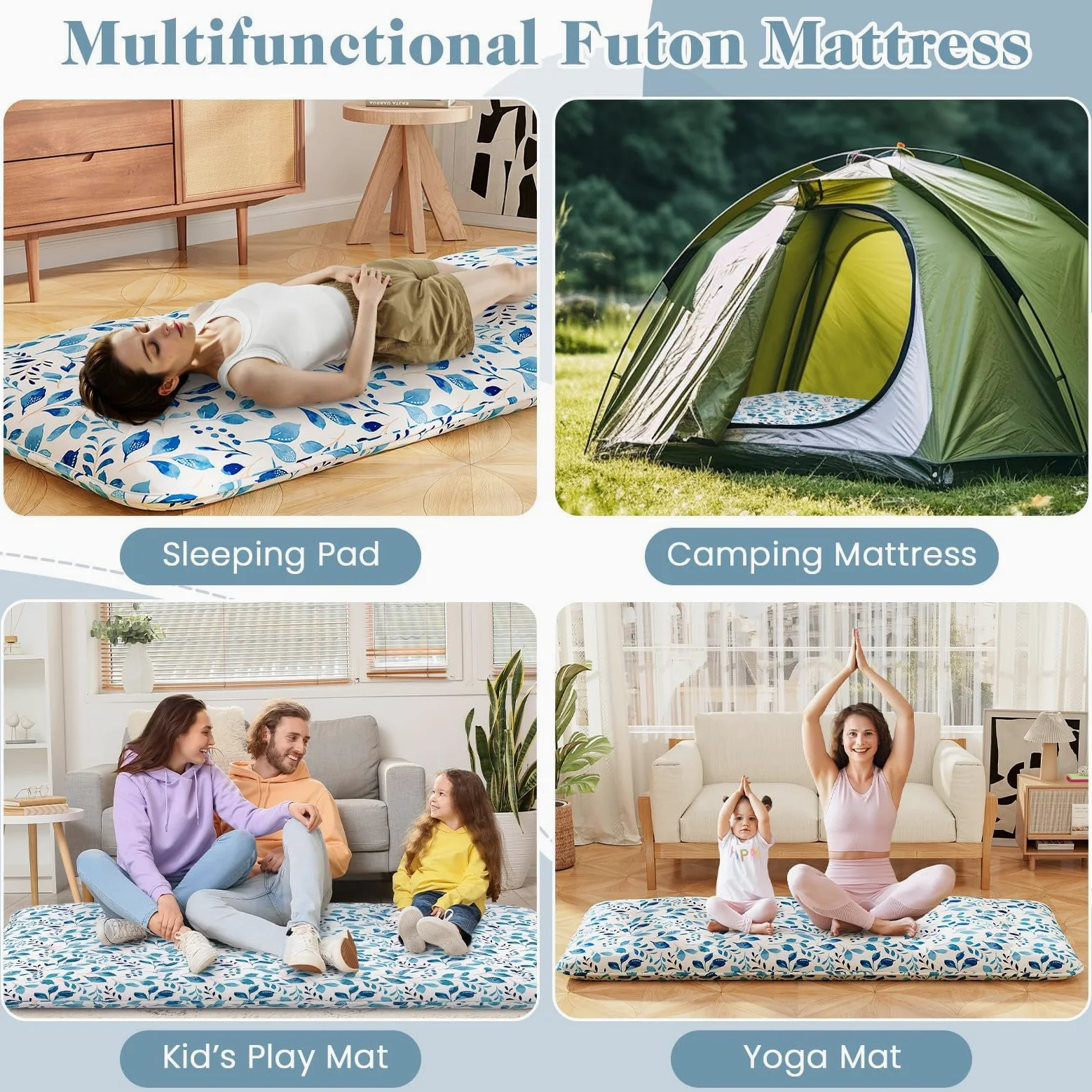 FANTASK Materasso da pavimento lavabile Tatami giapponese, materasso Futon, 90 x 200 cm, foglia blu