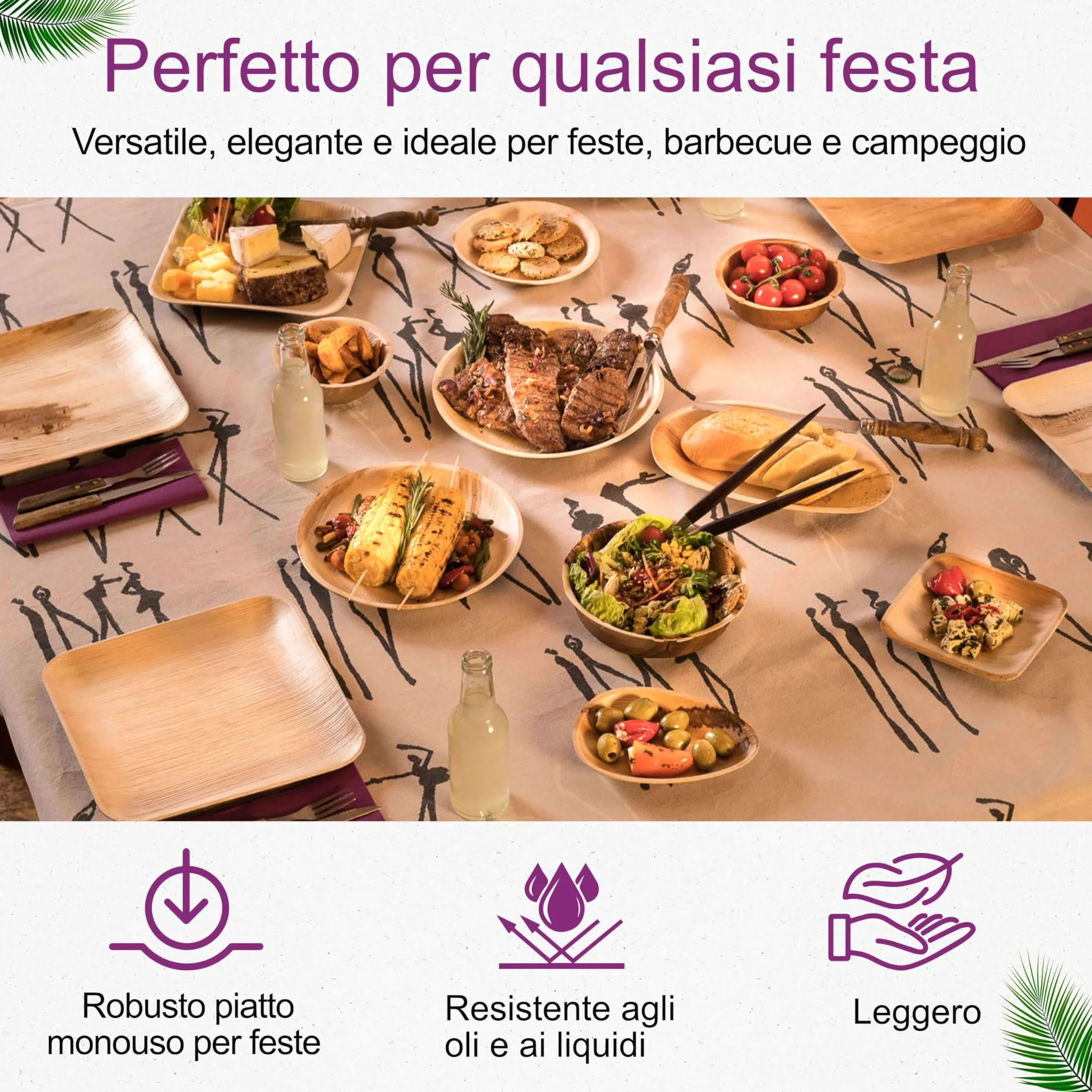 Piatti in Foglia di Palma Biologici 50 Pz Quadrati 23x23 cm Biodegradabili Compostabili