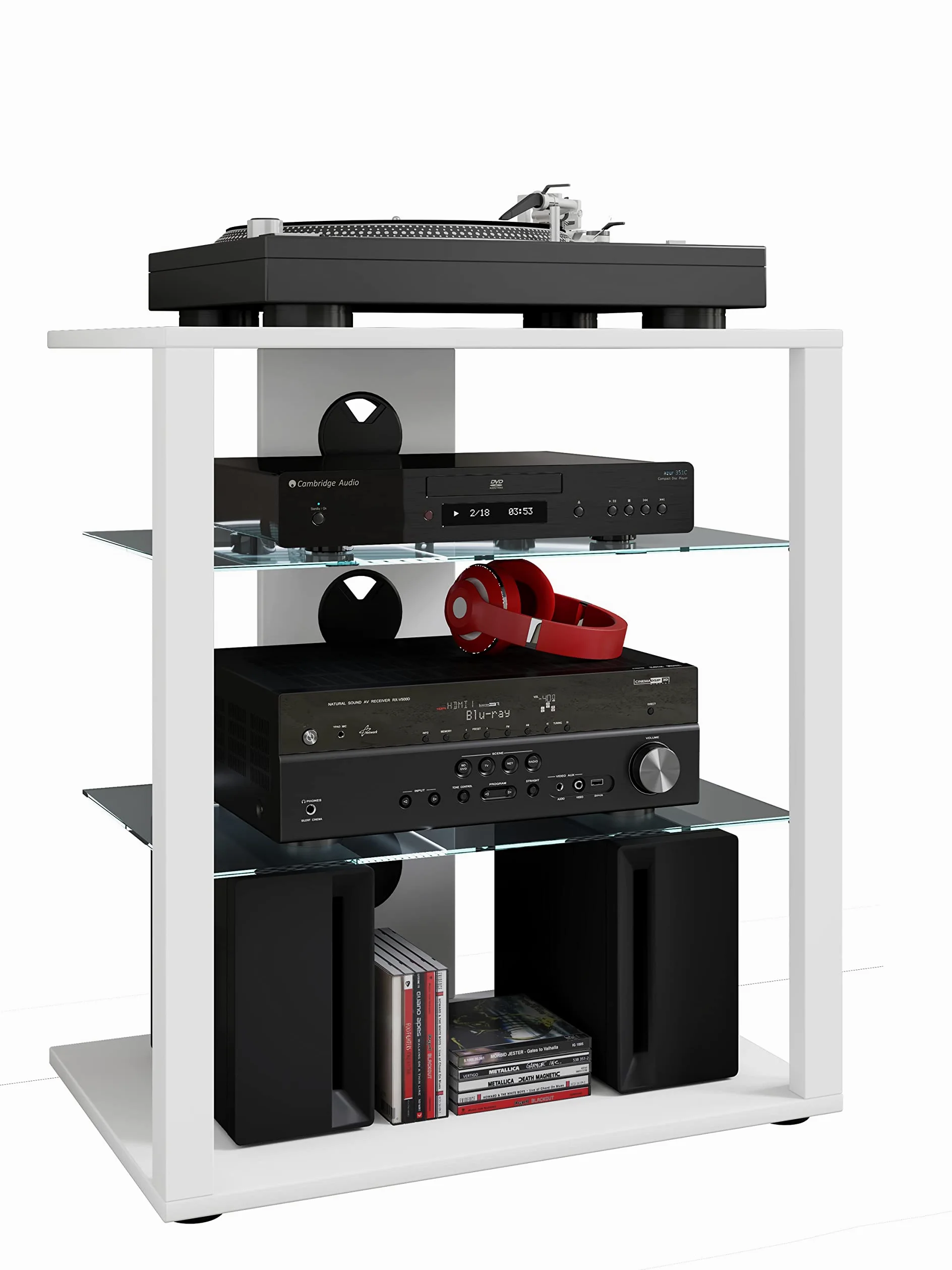 VCM Mobiletto Rack HiFi Scaffale Phono Scaffale Phono Media in Vetro Folas Mobiletto Rack HiFi Scaffale Phono Scaffale Phono Media in Vetro Folas Bianco