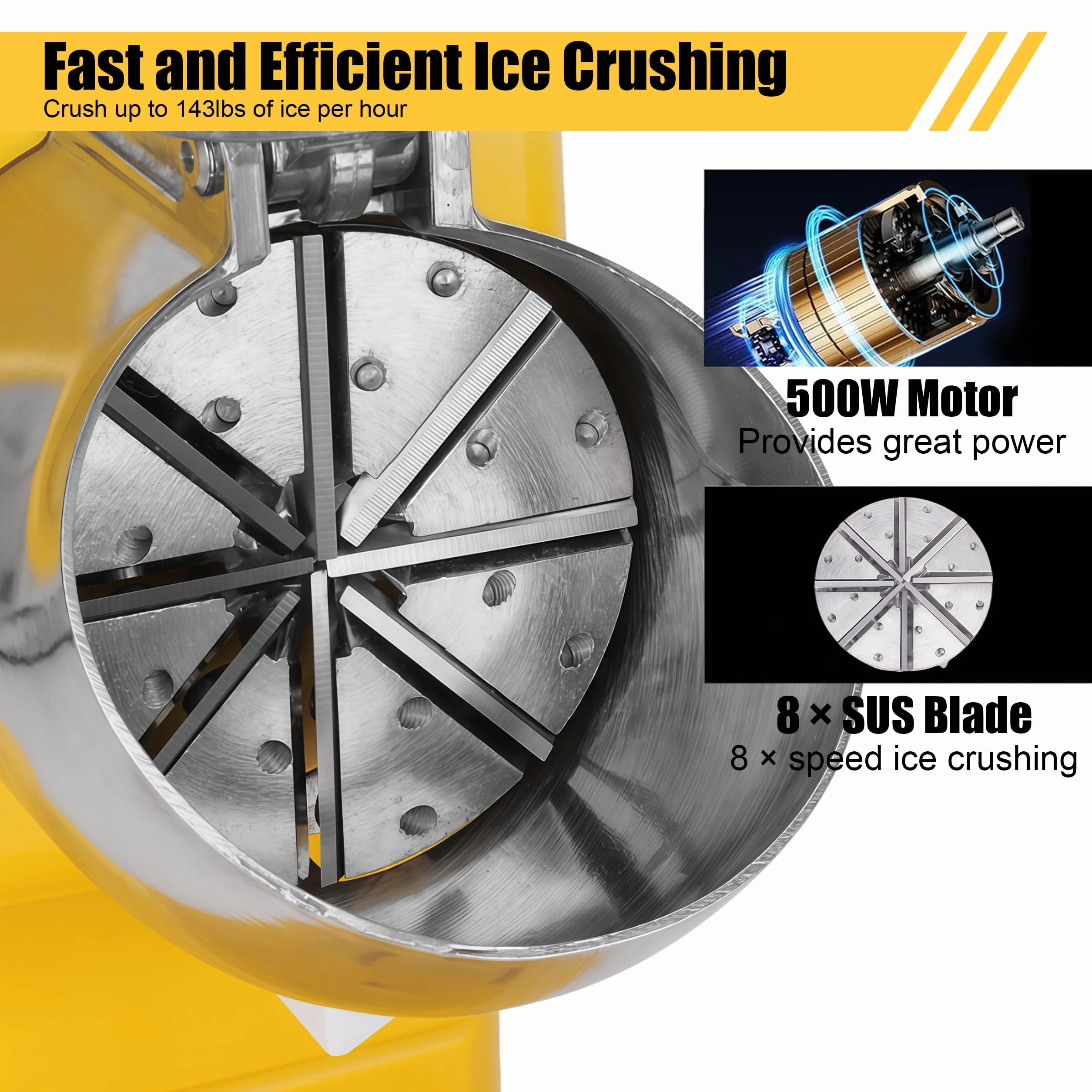 Tritaghiaccio Elettrico a 8 Lame 500 W 2200 giri/min Raspa per Ghiaccio 85 kg/h Crushed Ice Maker con Contenitore per Smoothie Bevande Fredde Tè al Latte e Miscelazione Bar