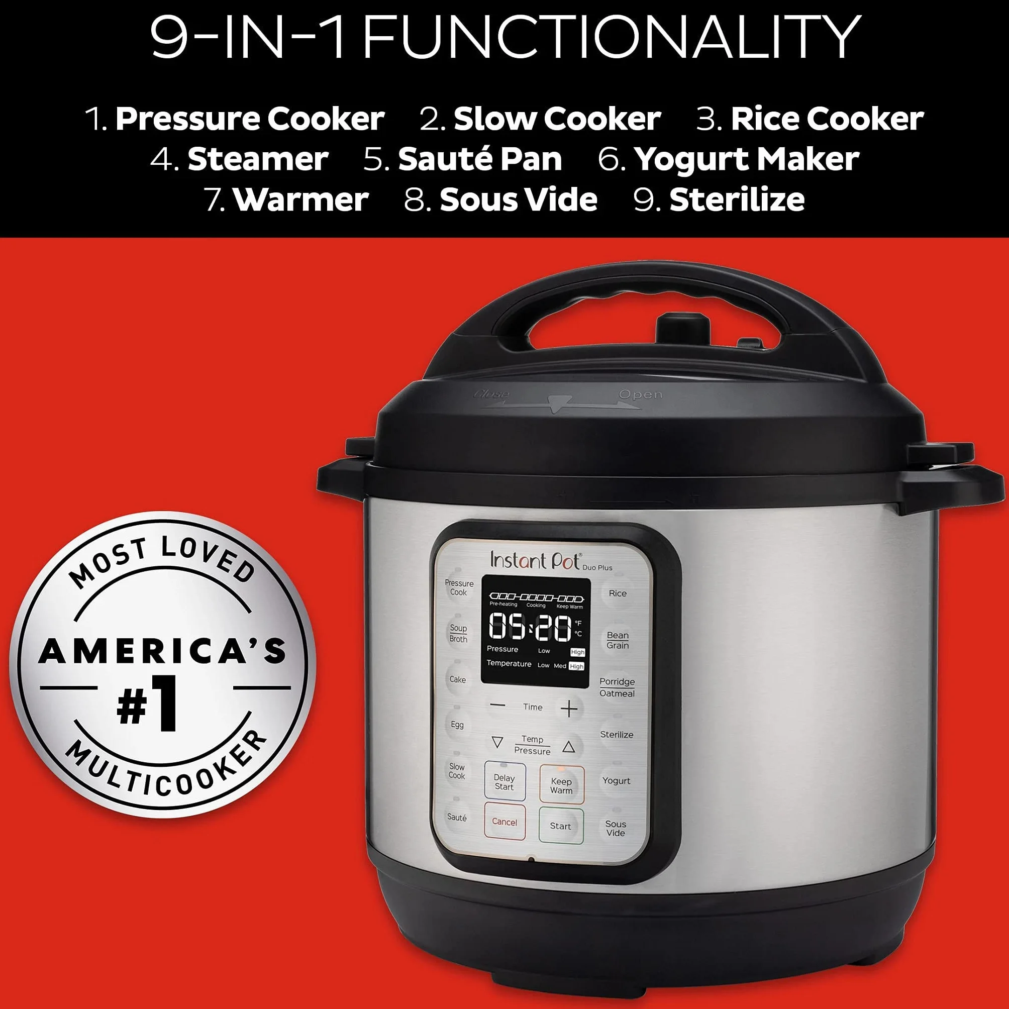 Instant Pot Pentola a pressione elettrica DUO PLUS 5.7L in Acciaio inossidabile 15 programmi intelligenti, per riso, cottura lenta e a vapore