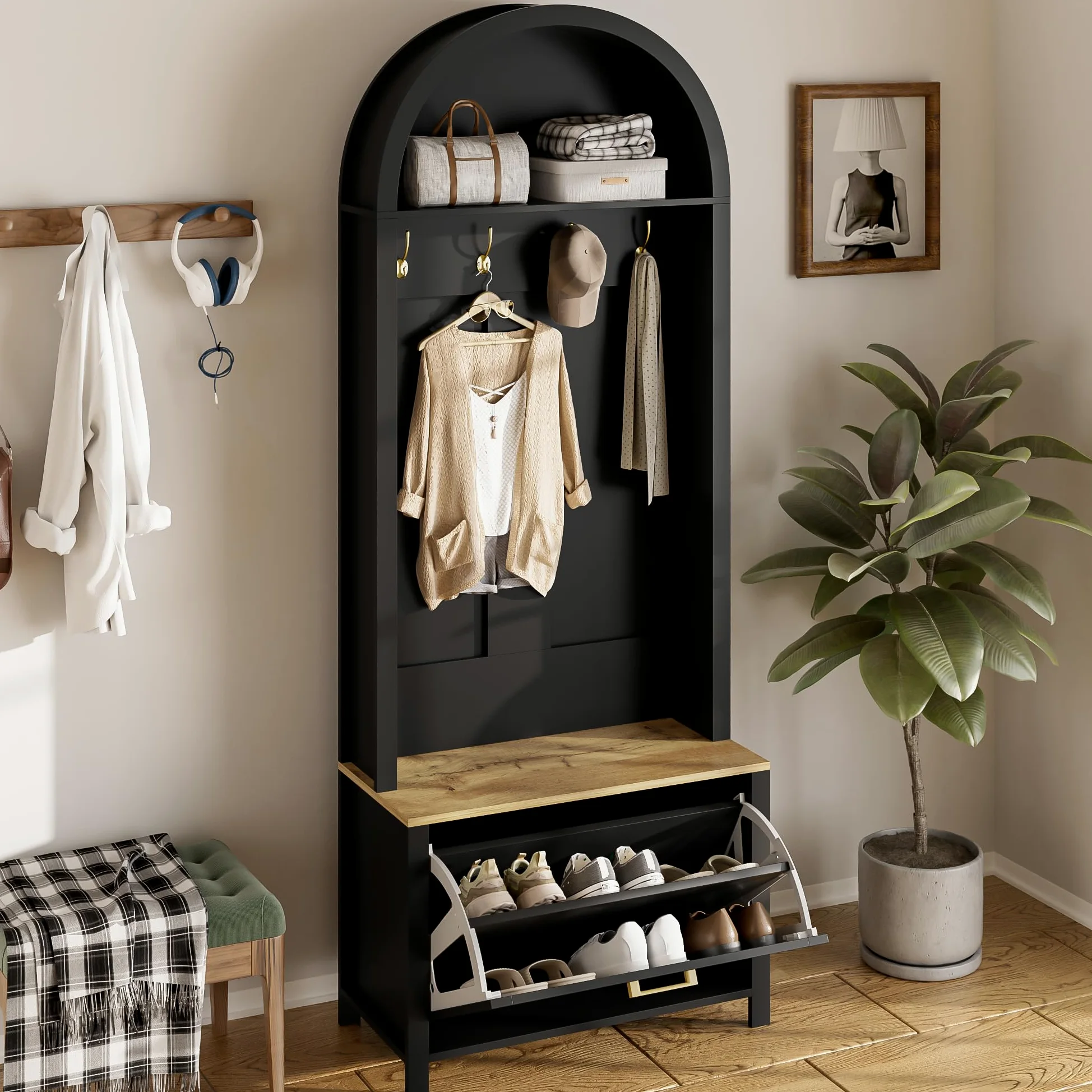Merax Set di appendiabiti per corridoio, guardaroba compatto, multifunzionale, con scarpiera, ripiano e gancio, per ingresso, nero, 75 x 35 x 195 cm