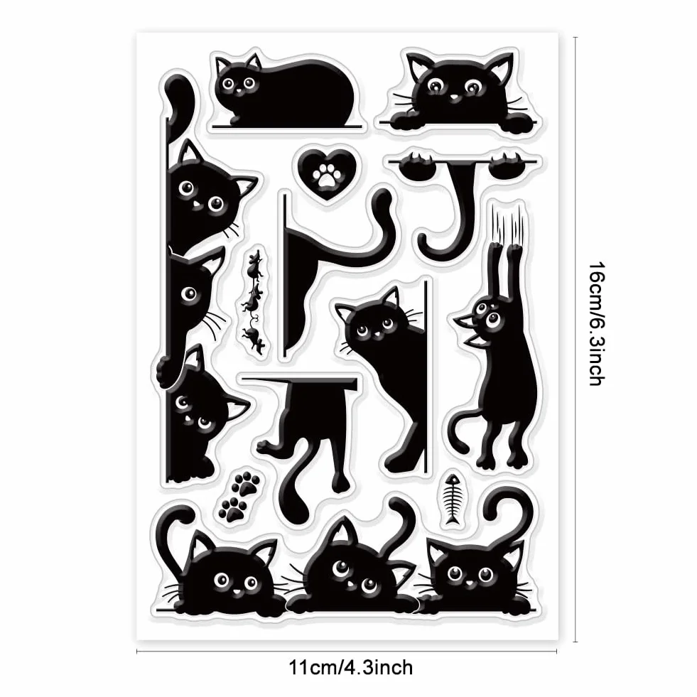 GLOBLELAND Timbri Trasparenti Gatto Nero per Scrapbooking Fai Da Te Bordo Gatto Sigilli per Timbri In Silicone Timbri Trasparenti per Creazione di Carte Album Fotografico Diario 6.3×4.33 Pollici