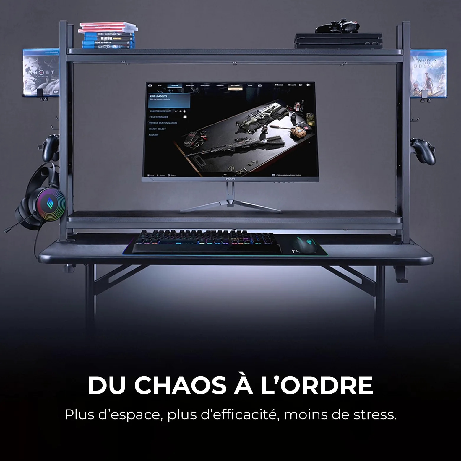 Noua Lash Scaffale con 2 Mensole da Scrivania con Morsetto, Organizer per Scrivania Gaming Regolabile, Scaffale Libreria Multiuso per Ufficio e Casa