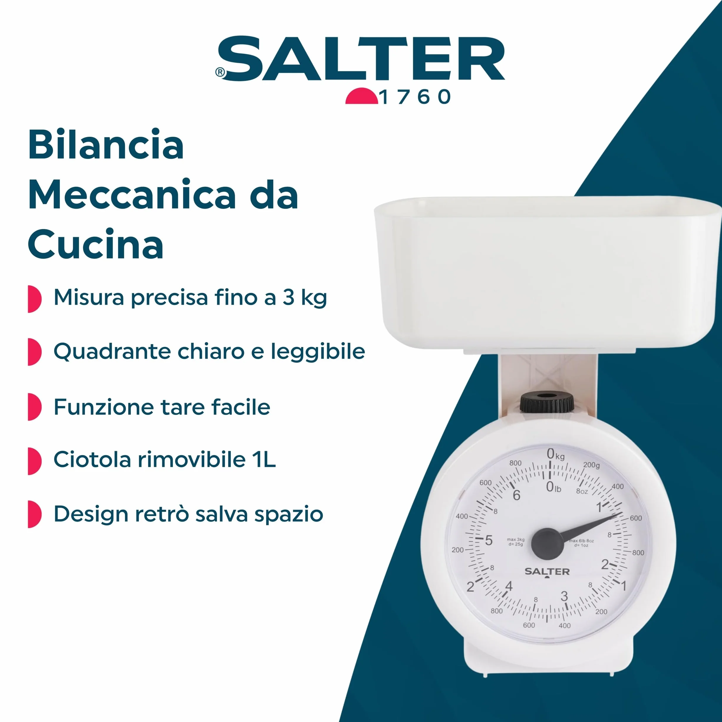 Salter 112 WHWHDR - Bilancia da cucina meccanica, max 3 kg, analogica, quadrante di facile lettura, lavabile in lavastoviglie, ingombro minimo, recipiente rimovibile da 1 l, senza batteria, bianco