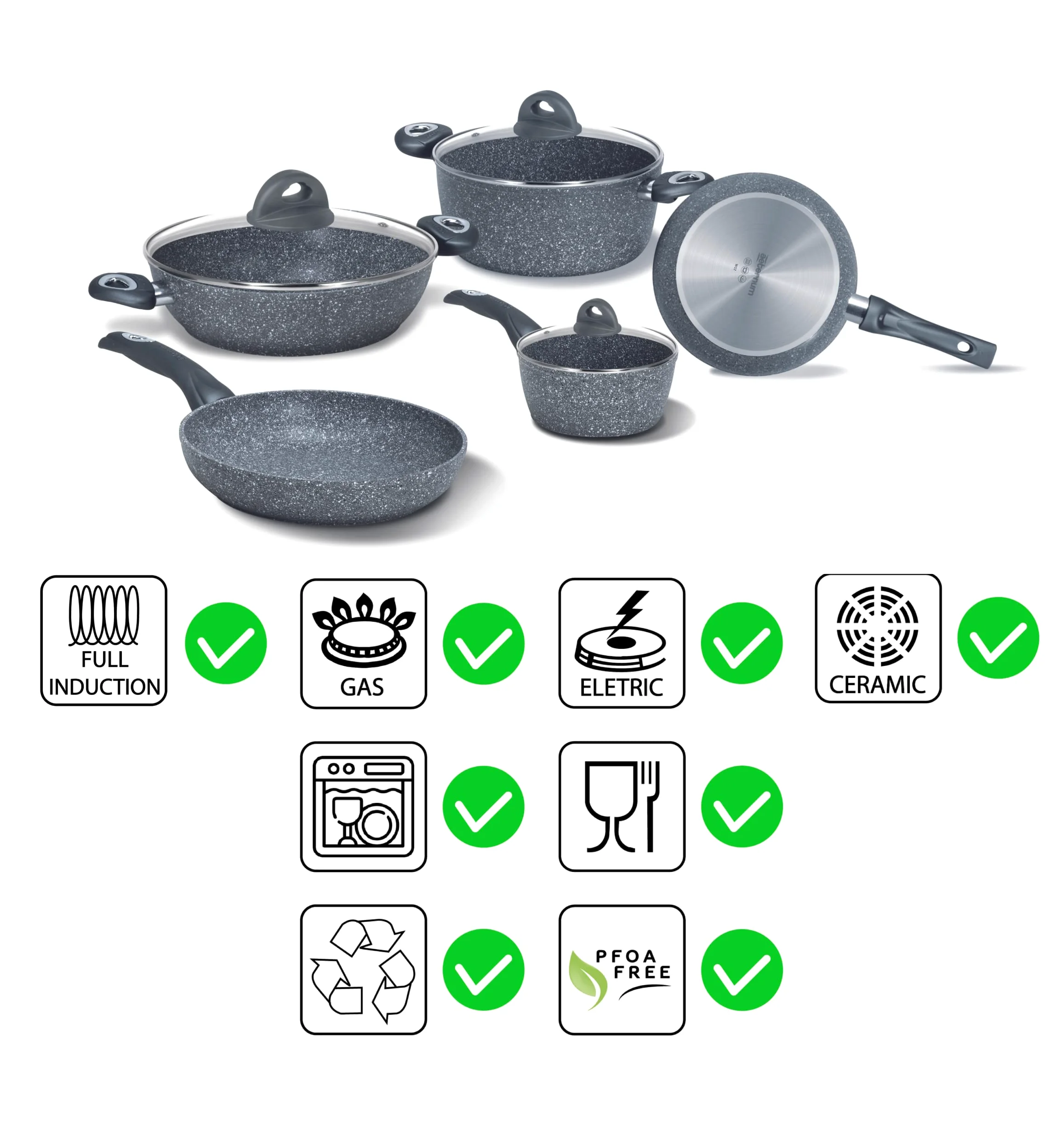Aeternum, Madame Petravera 3.0, Batteria 8 pezzi, 2 padelle 20-24 cm, 2 casseruole 16-20 cm, 1 tegame 28 cm, 3 coperchi 16-20-28 cm, Ideale per Induzione, Full Induction, Grigio