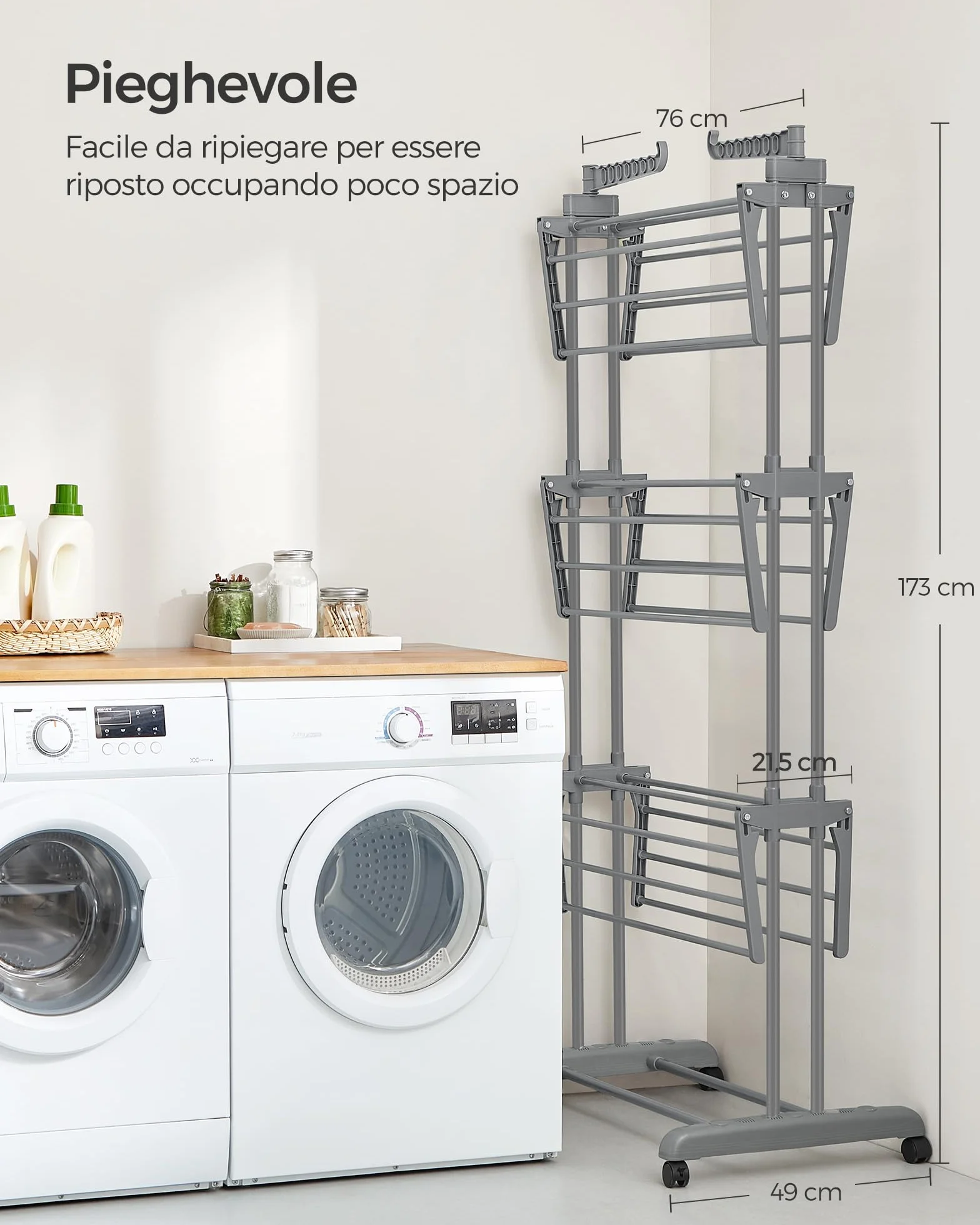 SONGMICS Stendibiancheria Pieghevole 4 Livelli con Ruote 63,5x128x173 cm Grigio LLR701G01