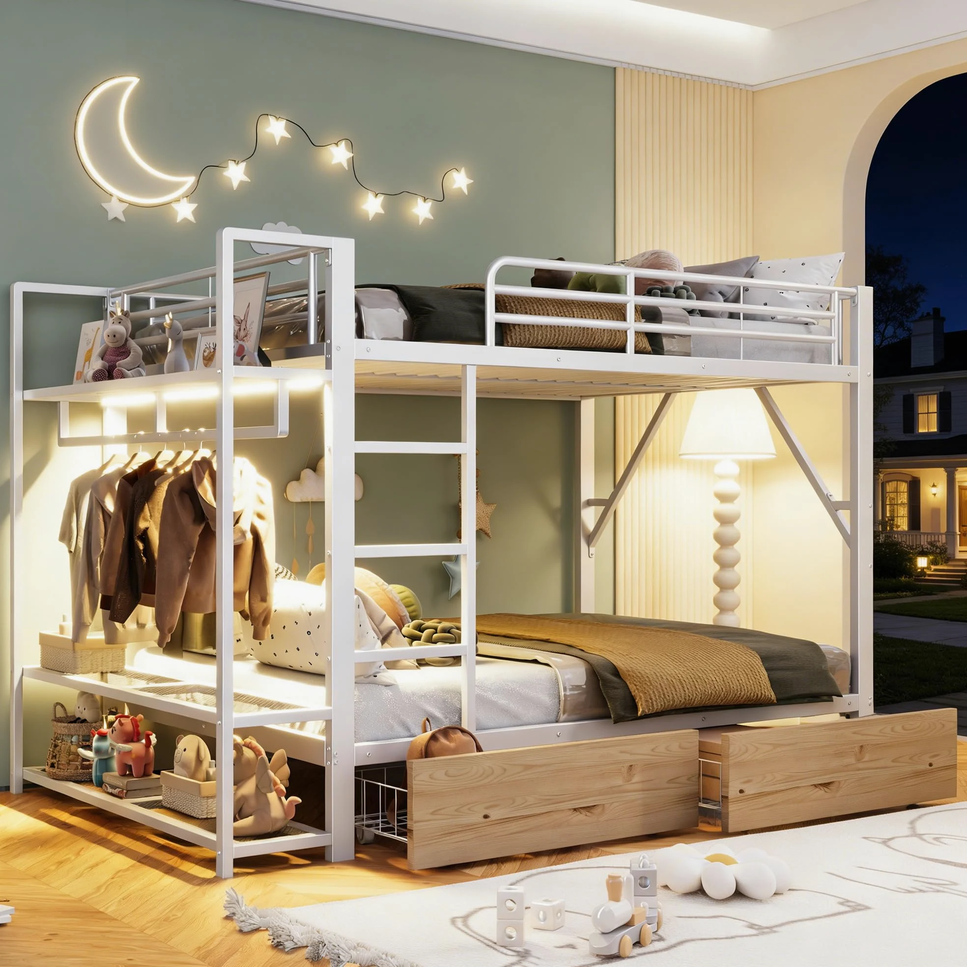 Letto a soppalco 140x200cm con striscia luminosa a LED e appendiabiti,metallo letto a castello con 2 cassetti e ripiani multipli,ferro letto matrimoniale,letti per ado,senza materasso,Bianco