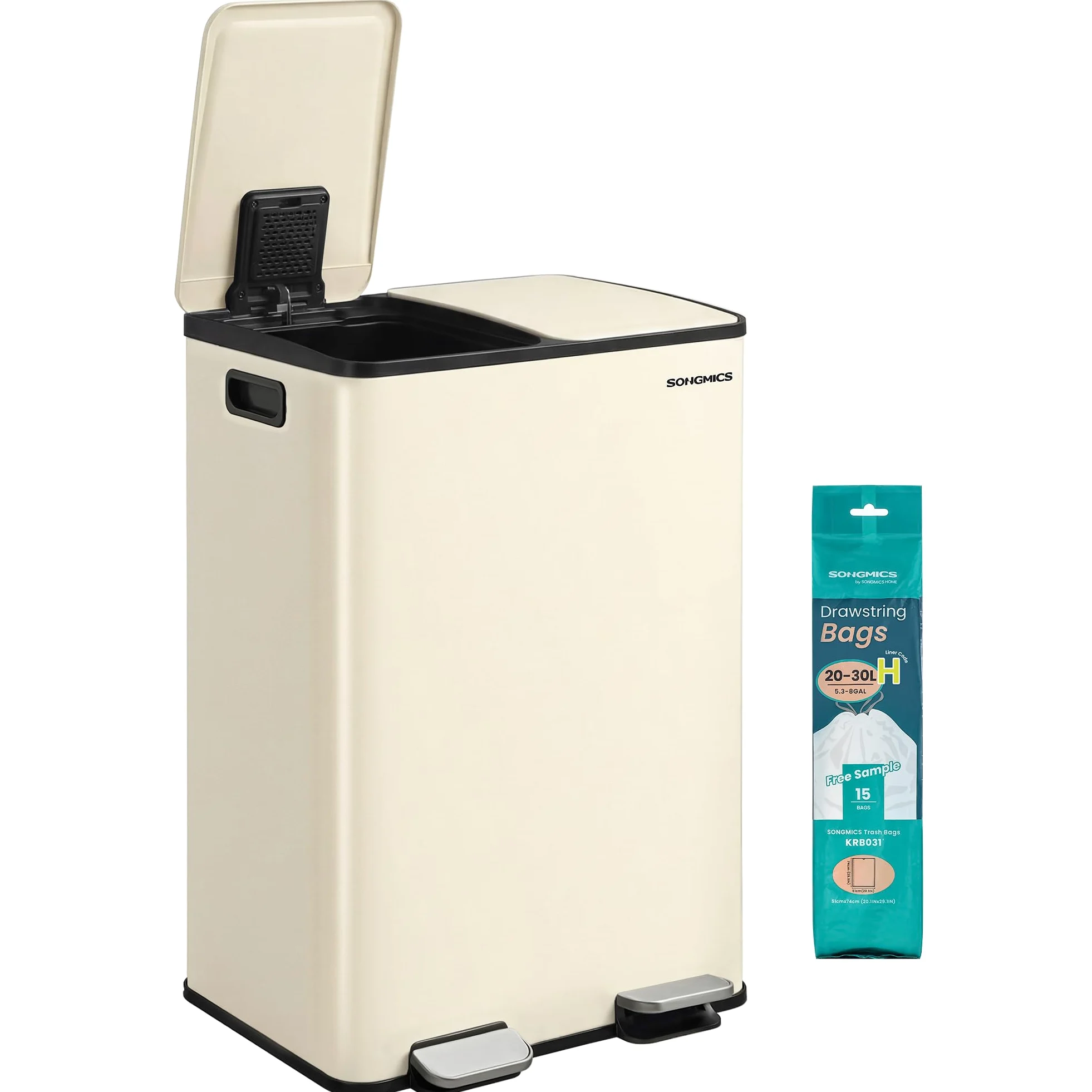 SONGMICS Cestino da Cucina, 2 x 30 L, 2 Scomparti, Pattumiera a Pedale con Coperchio a Chiusura Morbida e Secchio Interno, Acciaio, 15 Sacchi Inclusi, Color Crema LTB741AZ02