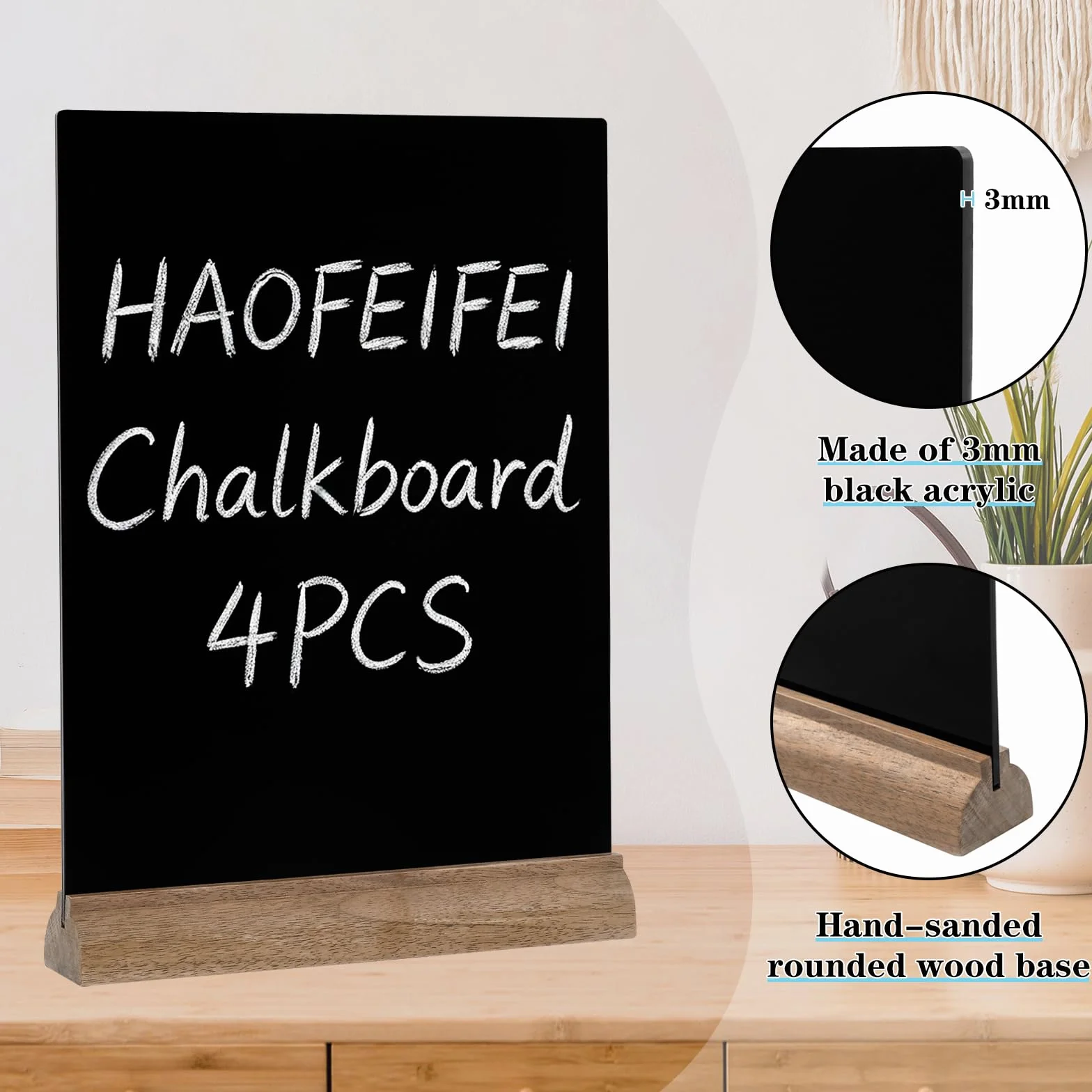 4 Pezzi A4 Lavagna Doppia Faccia Acrilico con Supporto Legno, Lavagna Nera Porta Menu A4 Bancone Ristorante, 3mm Compatibile Gesso Liquido e Standard per Caffè Trattoria Osteria Bar Negozio