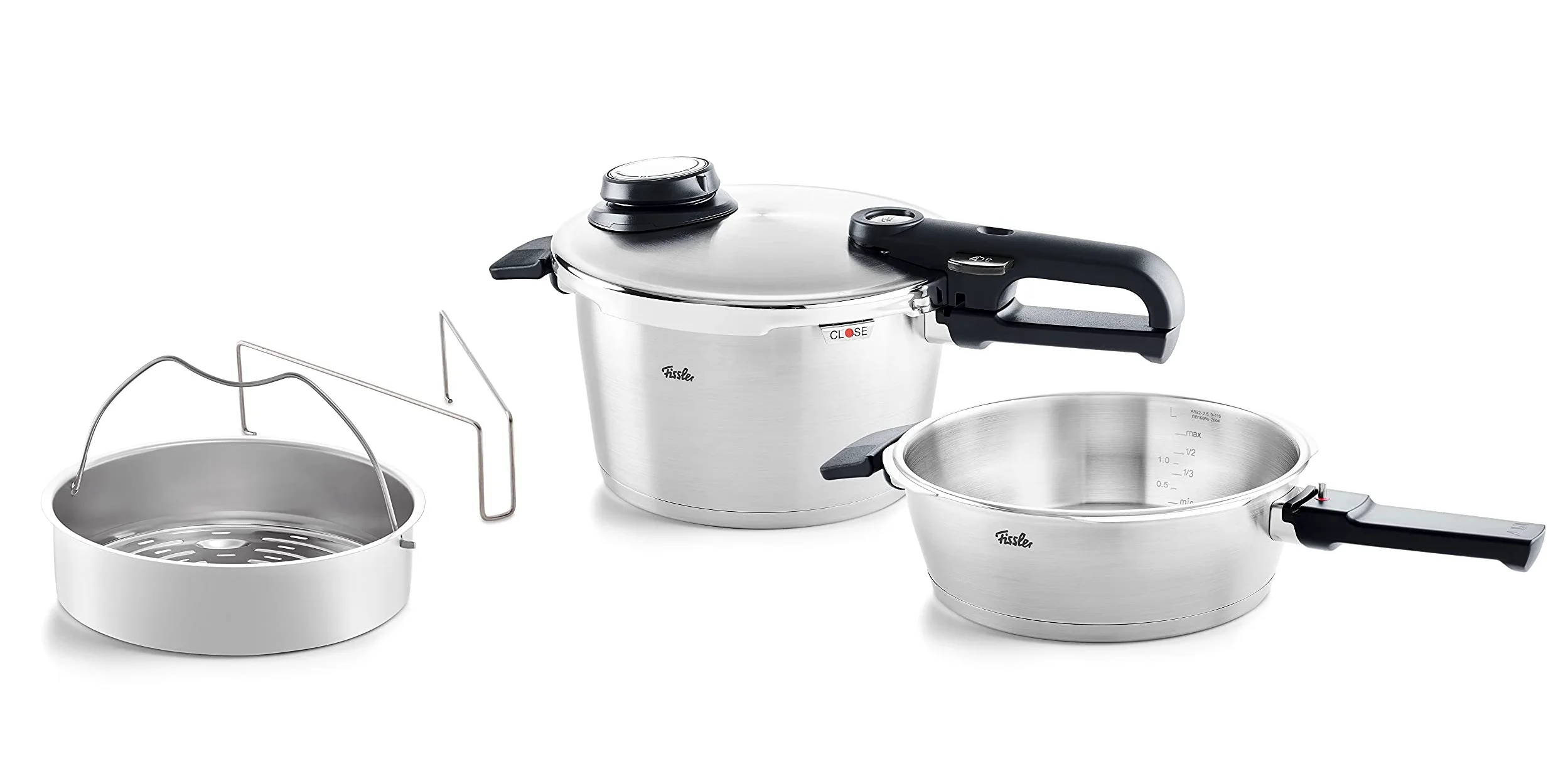 Fissler, Set da 4 pezzi con pentola a pressione Vitavit Premium 4.5 L, diametro 22 cm, con padella a cottura rapida 2.5 l , diametro 22 cm, con coperchio in metallo, per cottura a induzione