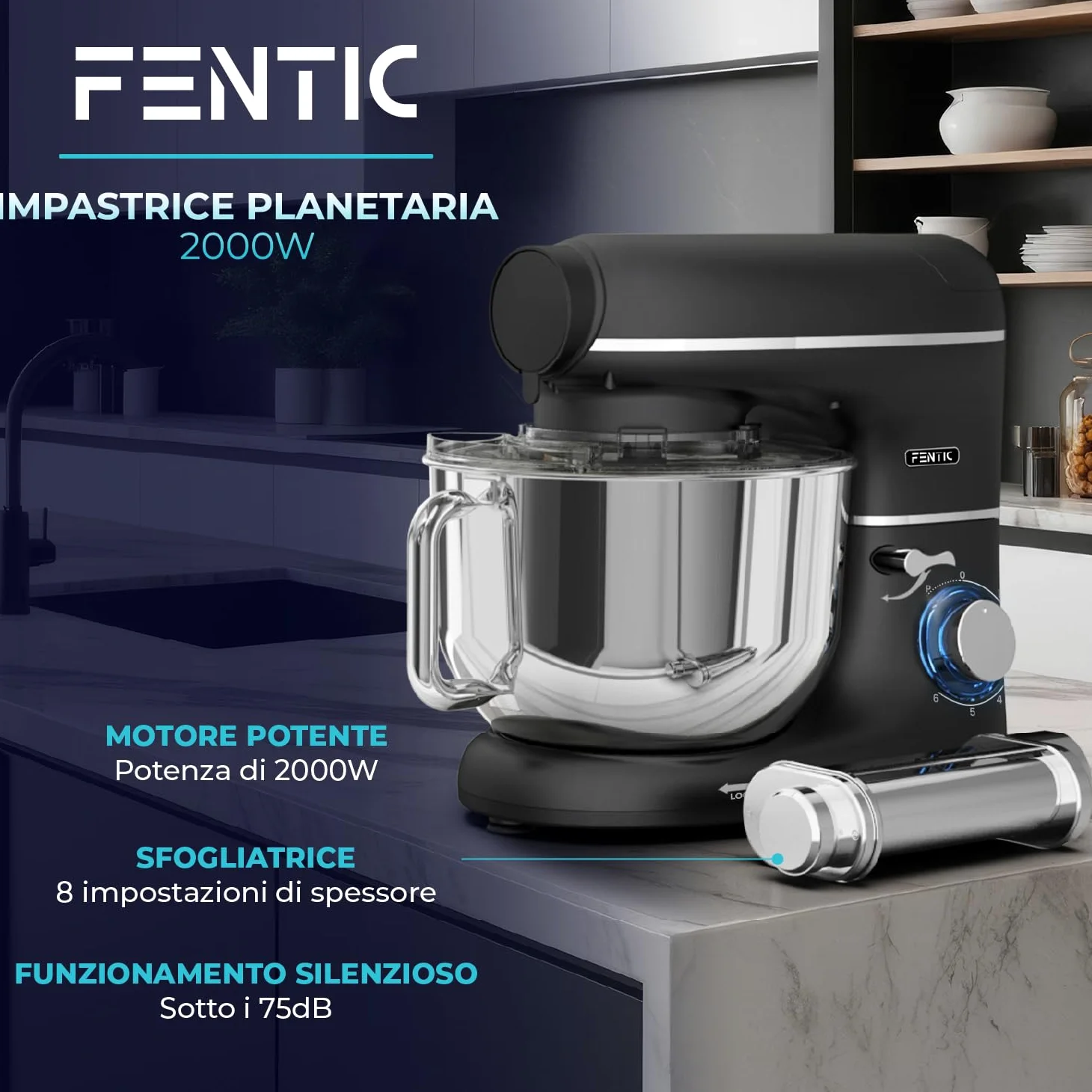 Impastatrice Planetaria con Macchina per la Pasta – 2000W – Robot da Cucina con Macchina per Pasta Fresca – Macchina Pasta - 6,2L Ciotola in Acciaio Inossidabile (Nero)