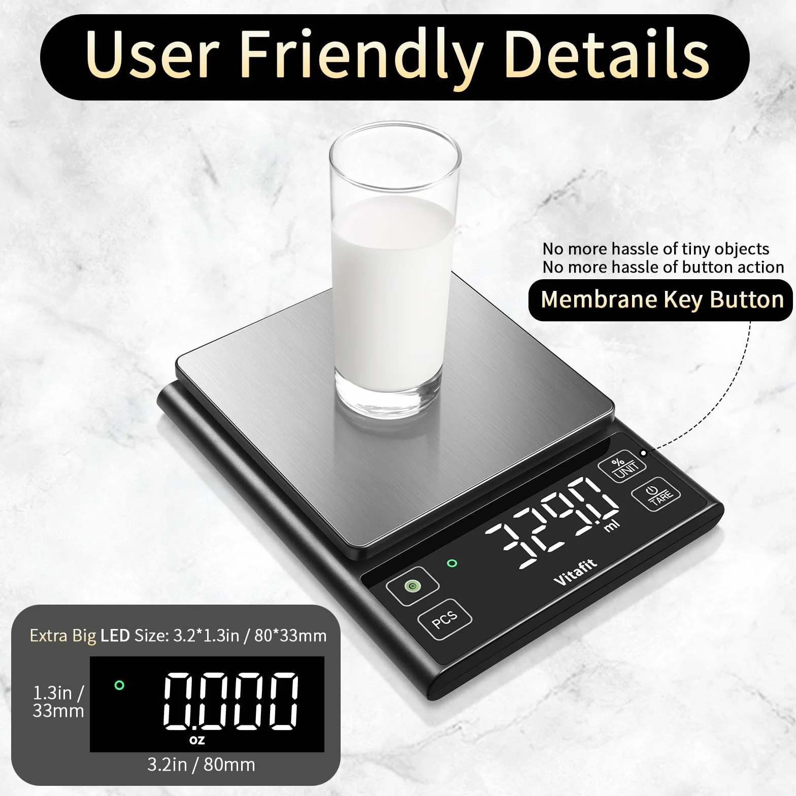 Vitafit 5kg Bilancia Cucina Digitale, Precisione 0.1g dalla Nostra Bilancia Fabbrica Professionale Dal 2001, Bilancia Alimentare Funzione Percentuale per cucinare & caffè, Acciaio Inox, LED, Nero