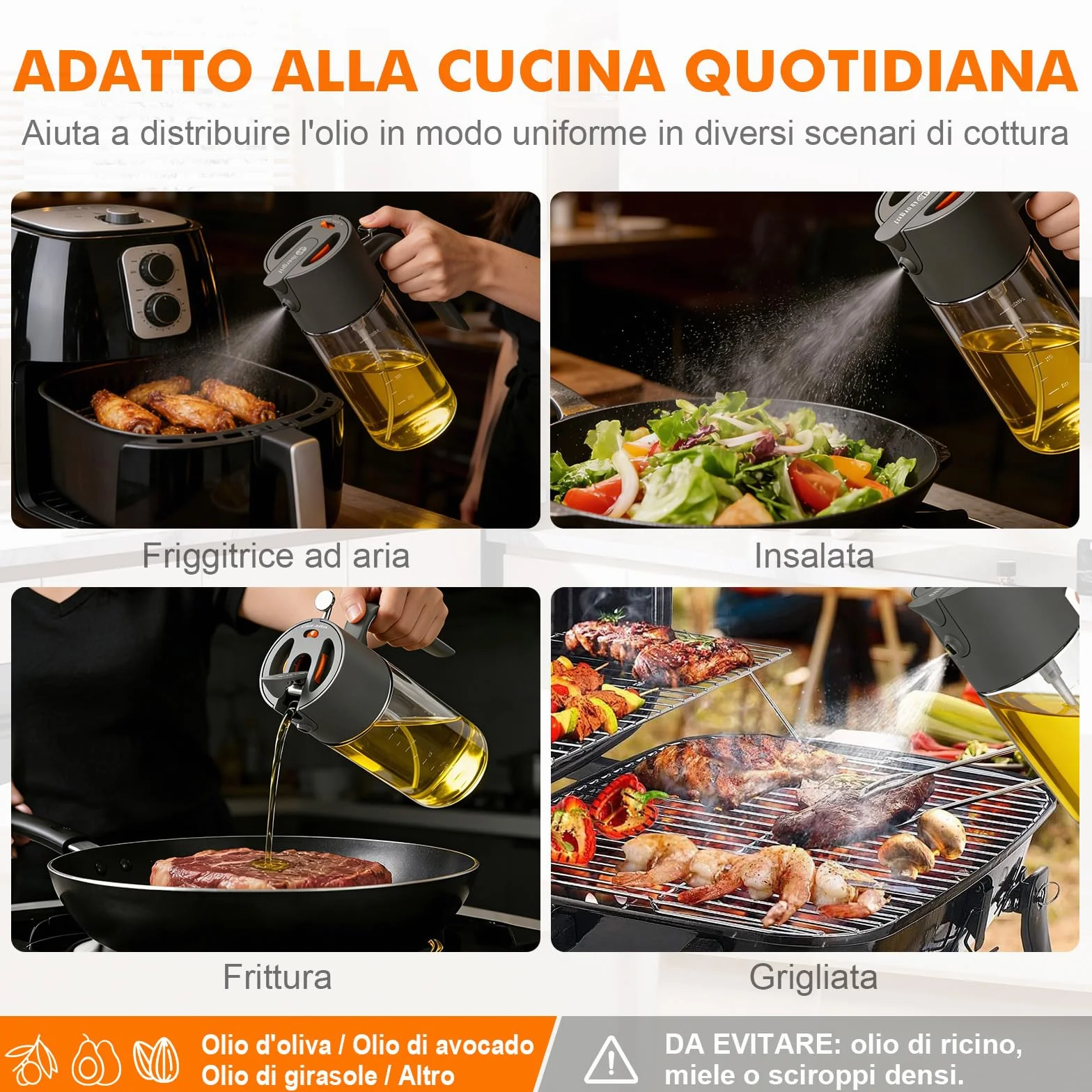 Ibergrif Spruzzatore Olio 2 in 1 500ml, Bottiglia Vetro Borosilicato Antigoccia per Friggitrice Aria