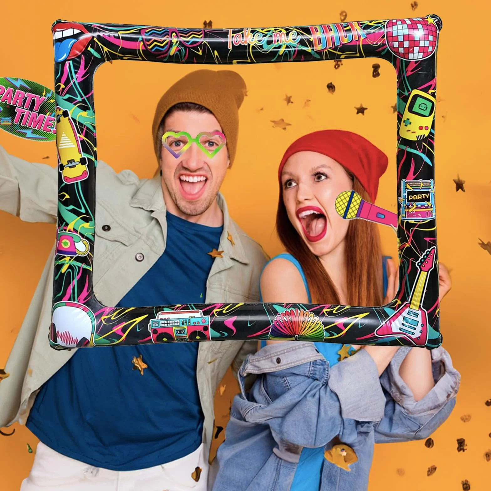Cabina Fotografica Gonfiabile per Festa Anni '80 con 40 Cornici per Selfie, Accessori per Giochi e Oggetti di Scena Giganti per Discoteca