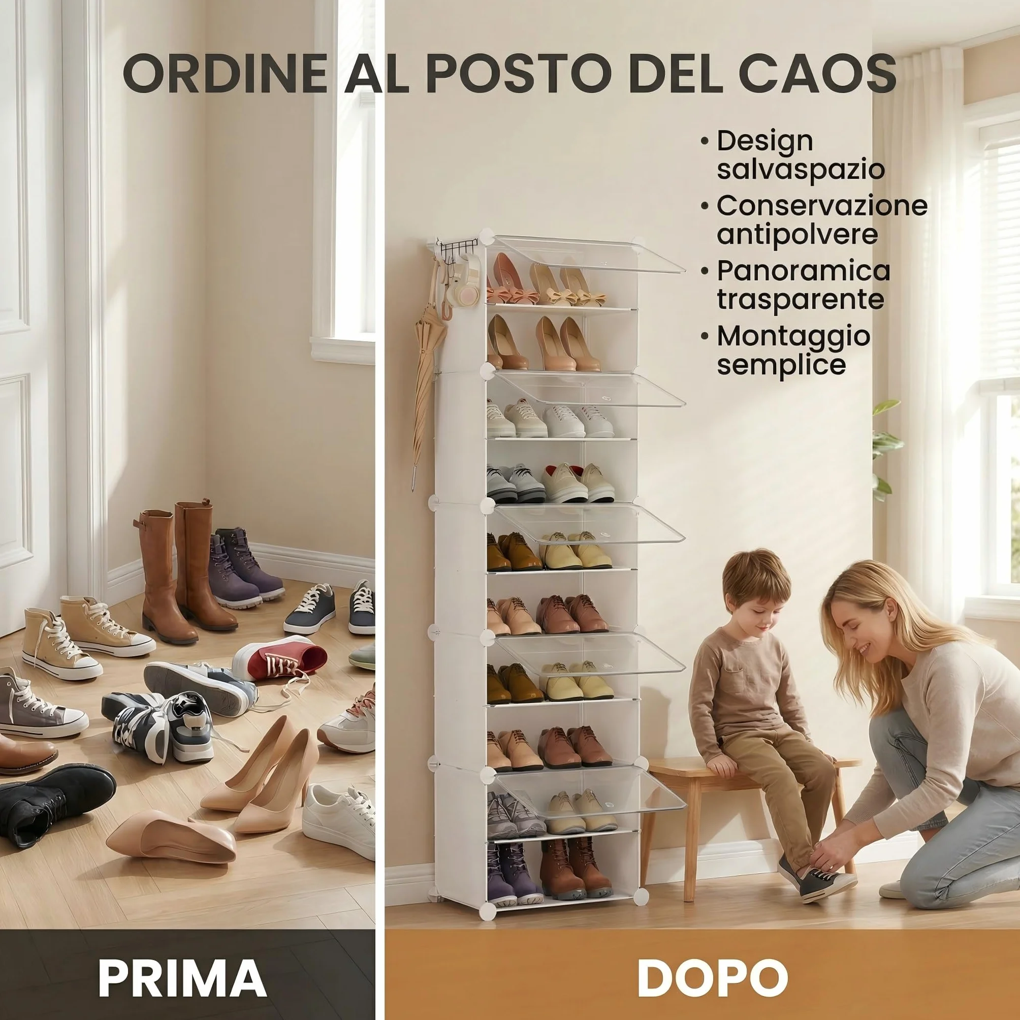 Scarpiera salvaspazio slim alta e stretta 10 livelli con porta bianca plastica modulare per ingresso corridoio camera da letto