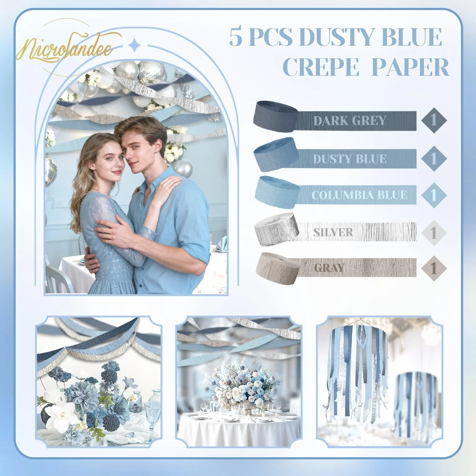 NICROLANDEE Carta Crespa Blu Polvere 5 Rotoli Decorazioni Matrimonio Compleanno Something Blue