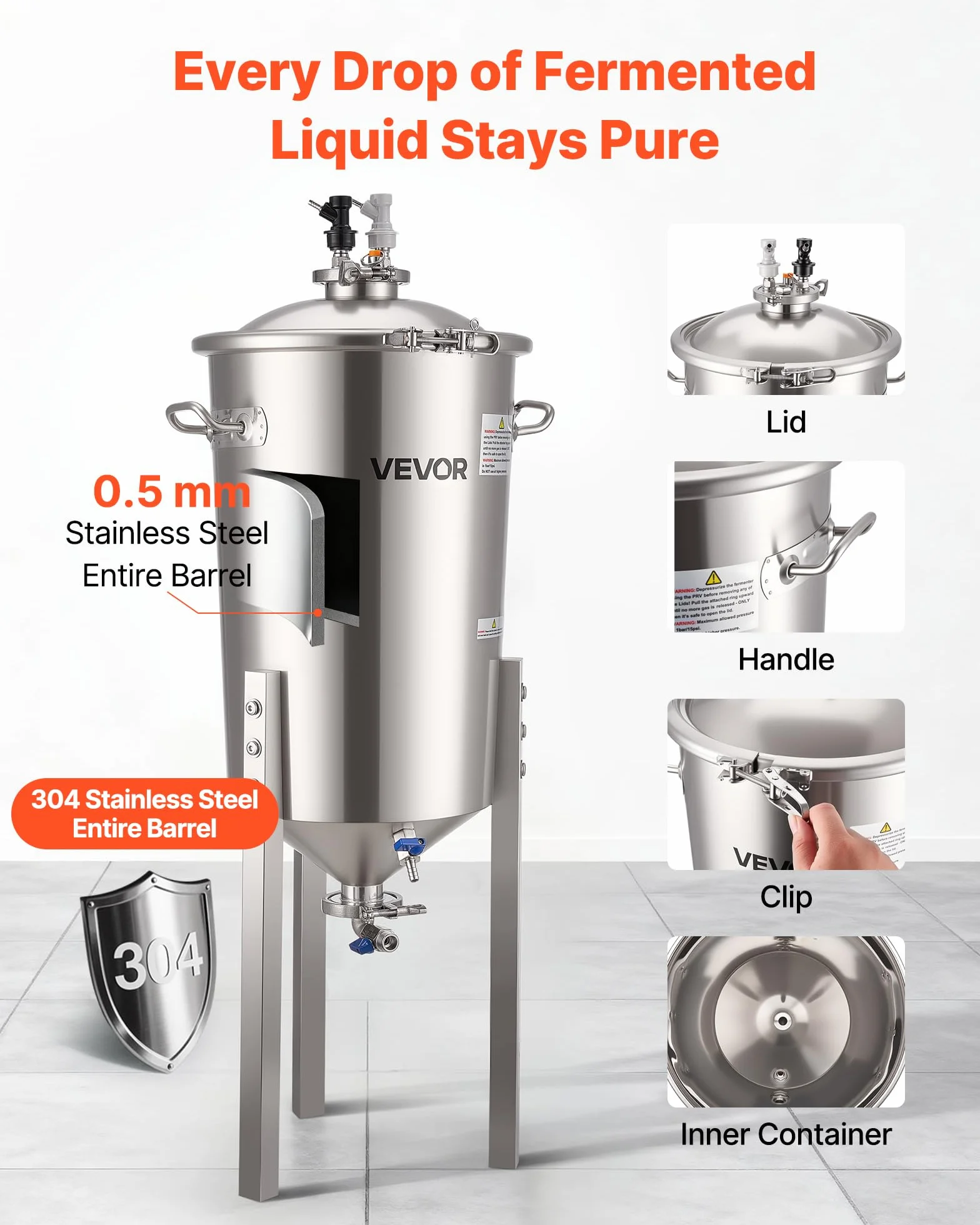 VEVOR Serbatoio di Fermentazione Conico per Produzione di Birra in Acciaio Inox da 30 Litri, Bollitore di Fermentazione con Fondo Conico con Coperchio, Maniglia, Termometro, Uso Domestico