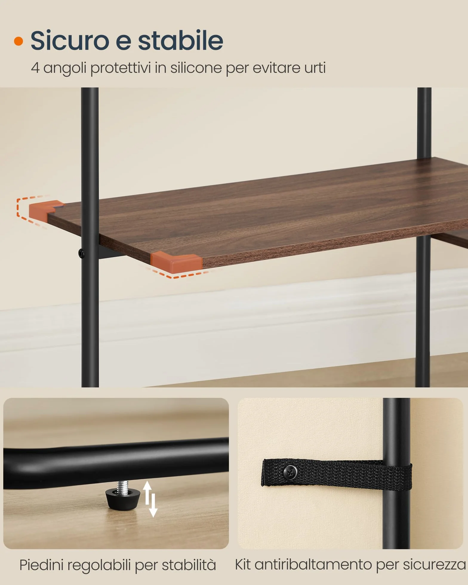 SONGMICS HOME Stand Appendiabiti, Guardaroba Aperto, 6 Ripiani Portaoggetti, 2 Barre, Ganci a Forma di Fiammifero, Armadio Camera da Letto, Noce Naturale e Nero Inchiostro RGR012B01