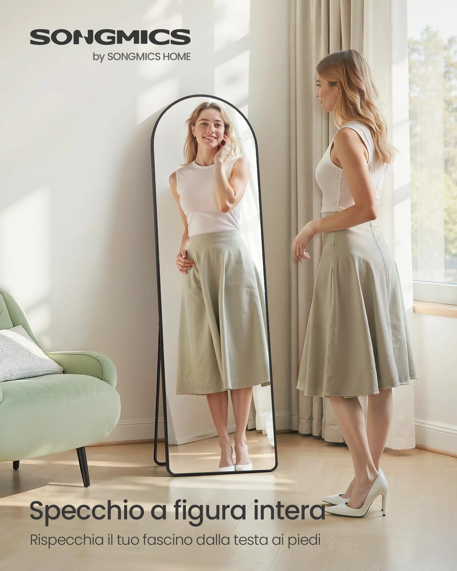 SONGMICS Specchio a Figura Intera, 150 x 40 cm, Specchio da Terra ad Arco con Supporto, Cornice in Lega di Alluminio, Vetro Temperato, Camera da Letto Soggiorno, Nero Inchiostro LFM055BD01