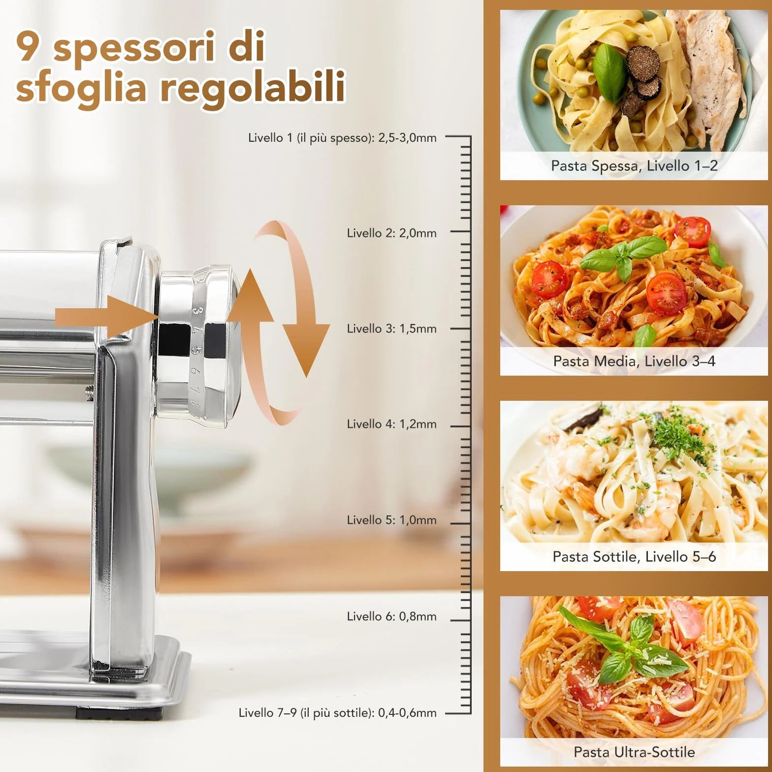 ROSSETTO Macchina per la pasta manuale in acciaio inox 9 spessori regolabili 2 larghezze taglio per lasagne spaghetti fettuccine ravioli